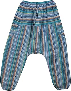 Mogul Interior Harem Hippie Pant, Sky Blue Cotton Baggy Handmade Stripe Print Pants, S/M/L