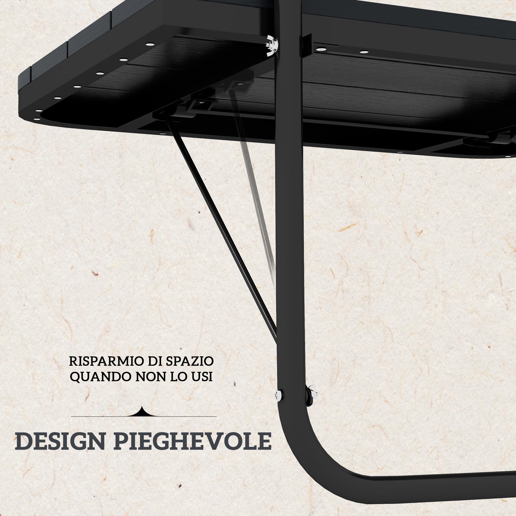 Outsunny Tavolino da Balcone Pieghevole Regolabile, Alluminio Composito Plastico Effetto Legno, Nero