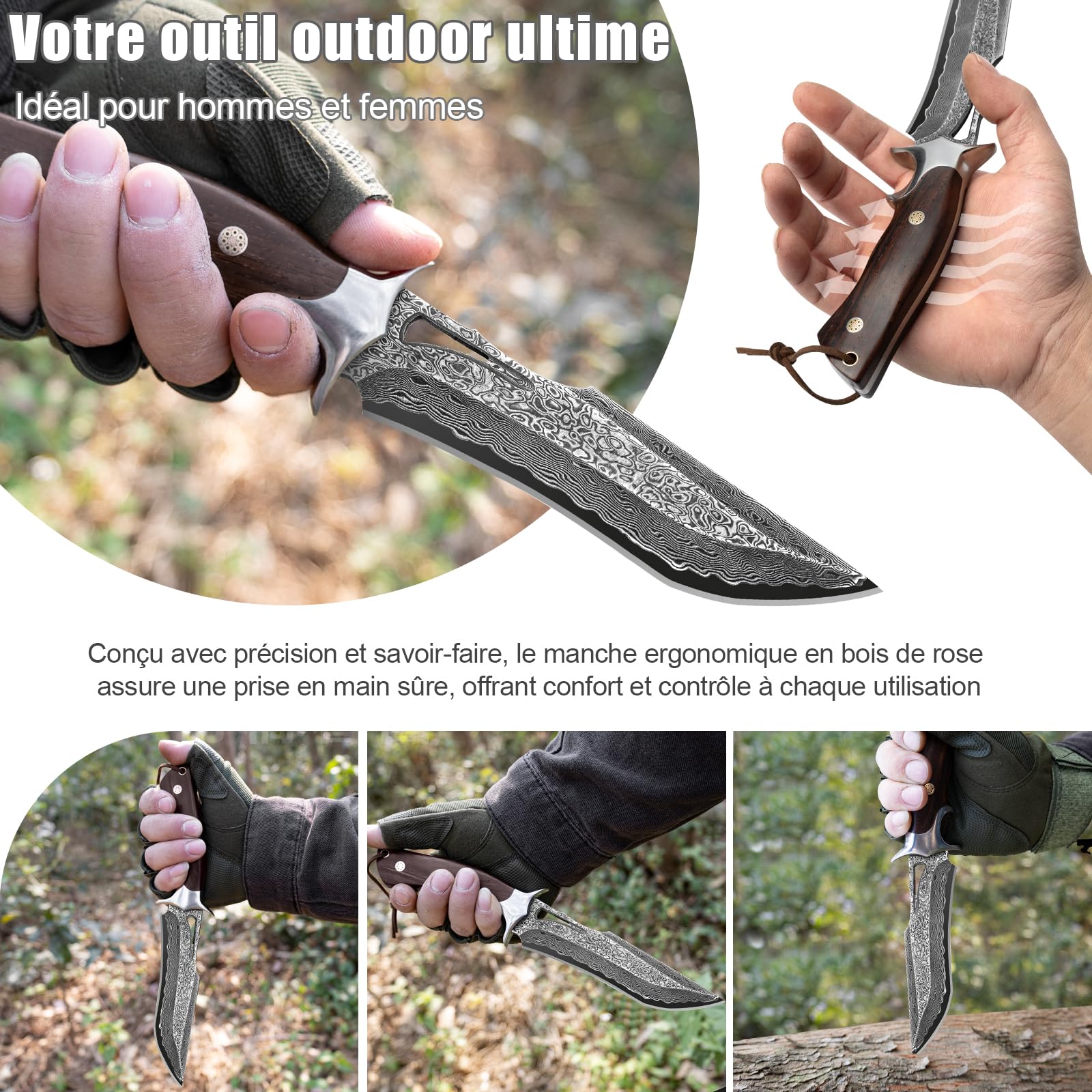 Couteau outdoor lame fixe 26,4 cm, couteau artisanal avec étui en cuir, acier damas 67 couches avec noyau VG10 et manche en bois, outil pour camping, bushcraft et activités en plein air