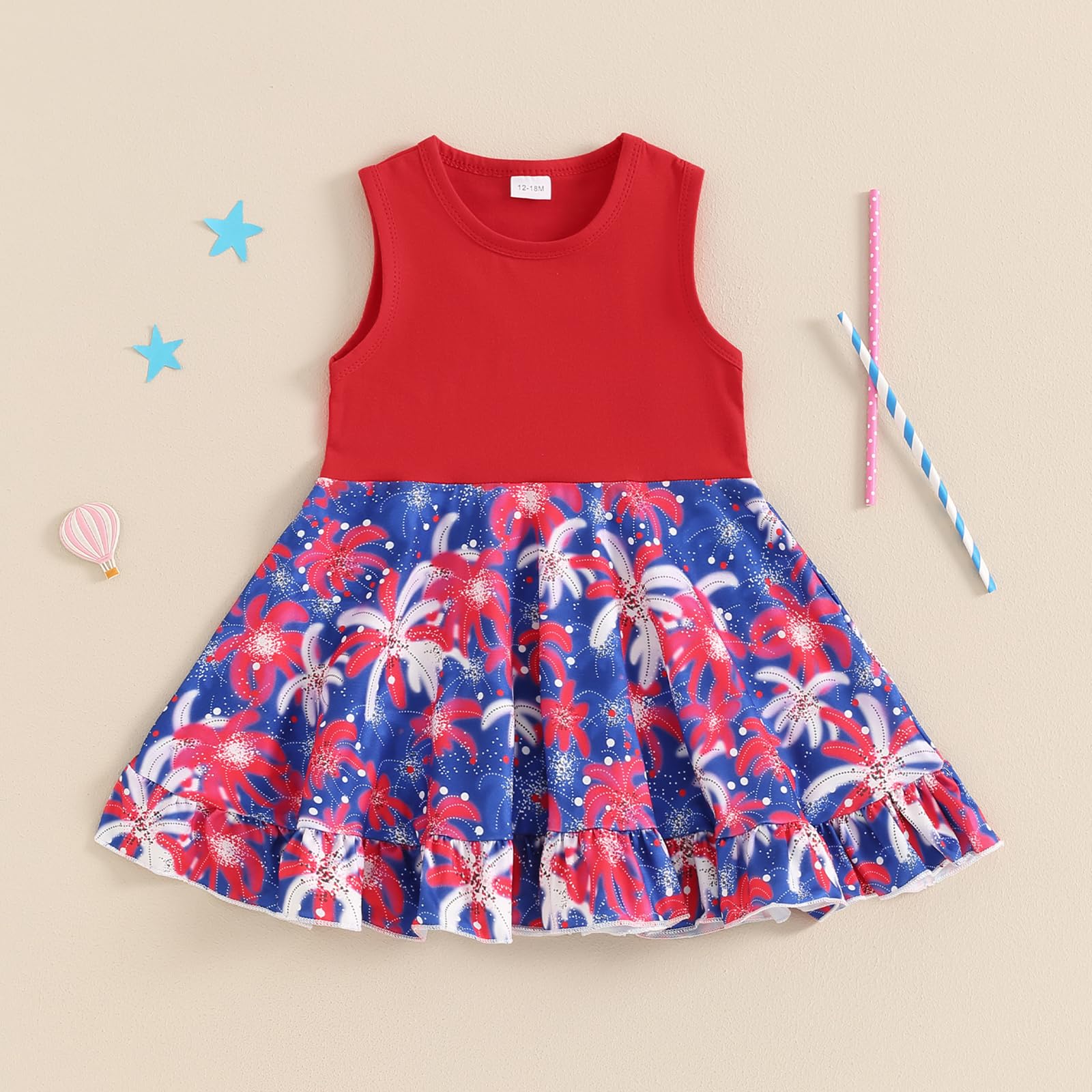 JLKGICF Toddler 4th of July Dresses for Girls Denim Patchwork Floral Print Dress American Flag Baby Fourth of July Outfit (Firework Red, 12-18 Months)
