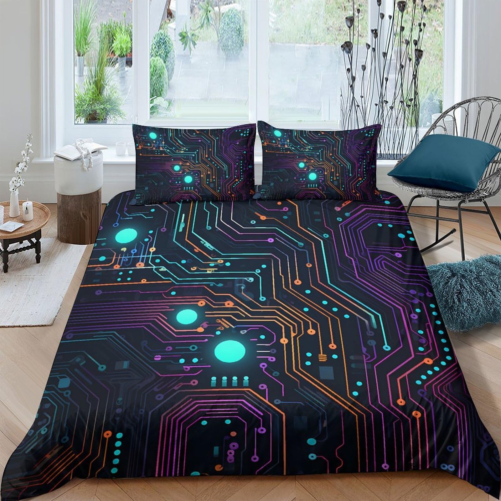 Ctjqhvkz Style-7 3D Printed Circuit Board Fitted Sheet Microfiber Deep Blue Neon Lines Mattress Cover Anti-Slip Bedroom Dorm Decor Single（135X200cm）