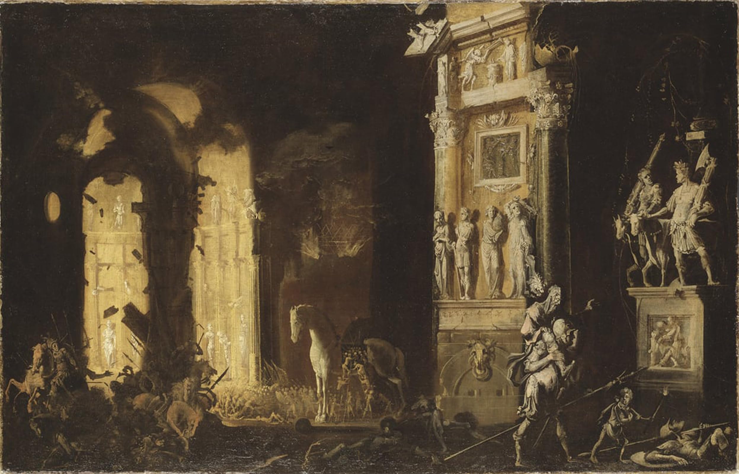 POSTERIIk Vintage Classic Picture Landscape Artwork the Fire of Troy with Aeneas Carrying Anchises by Francois De Nome Portrait Canvas Painting for Office Home Decor 60x90cm