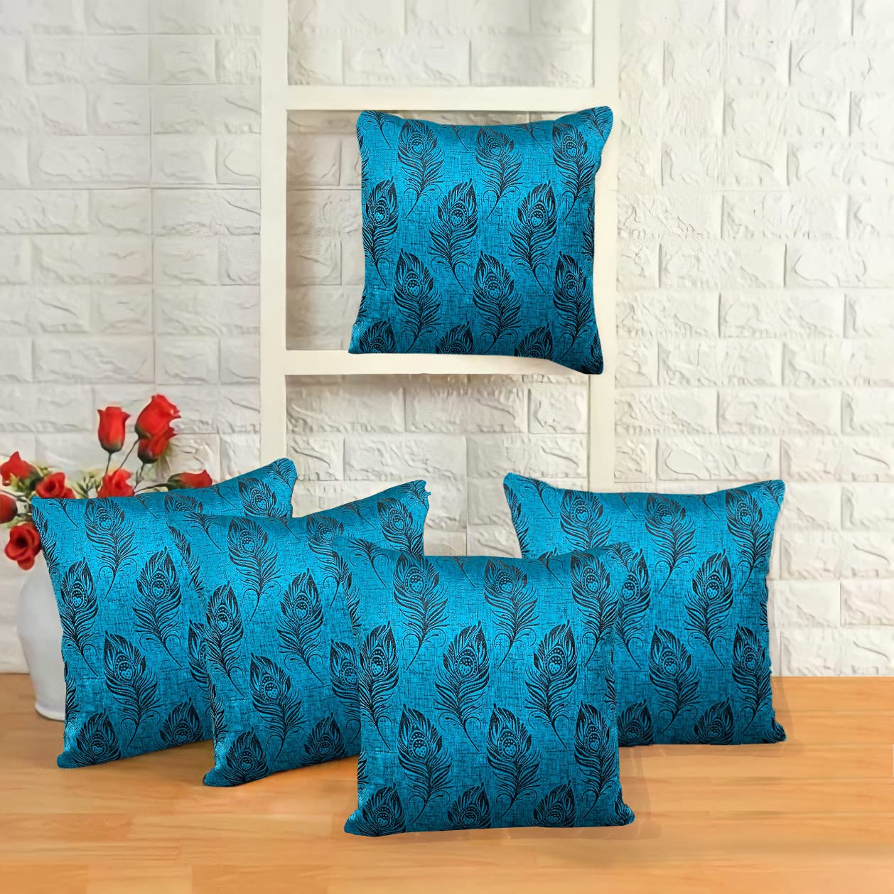 IM FAB Velvet Peacock Feather Decorative Throw Pillow/Cushion Cover, Bedroom & Living Room, Cushion Cover,(16x16 Inch,40X40 CMS),Set of 5 pcs-Blue