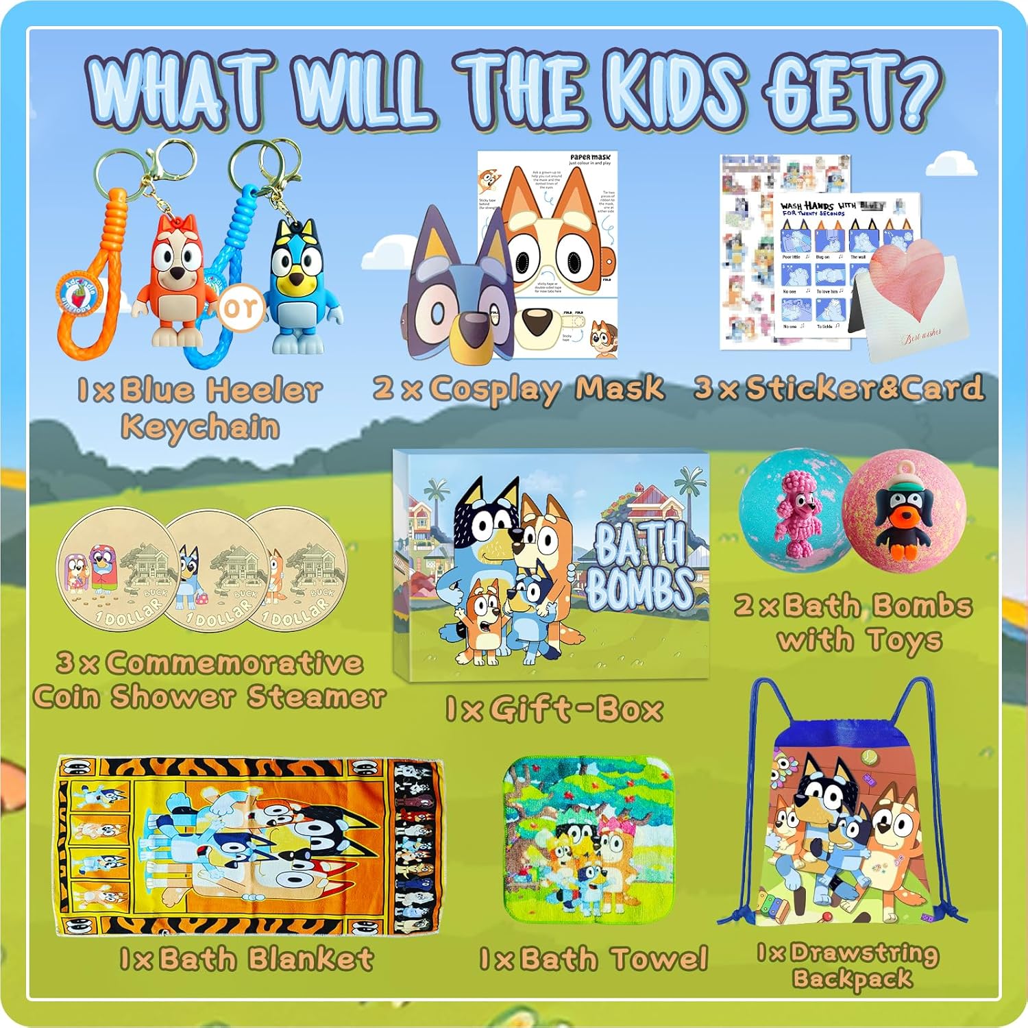 The Blue Heelers Gifts Set: Bath Bombs with Toys Inside, Shower Steamers, Mask Craft, Keychain, Drawstring Backpack, Towel, Blanket, Sticker, Poster, Gift Card, Birthday Gifts for Kids Boys Girls