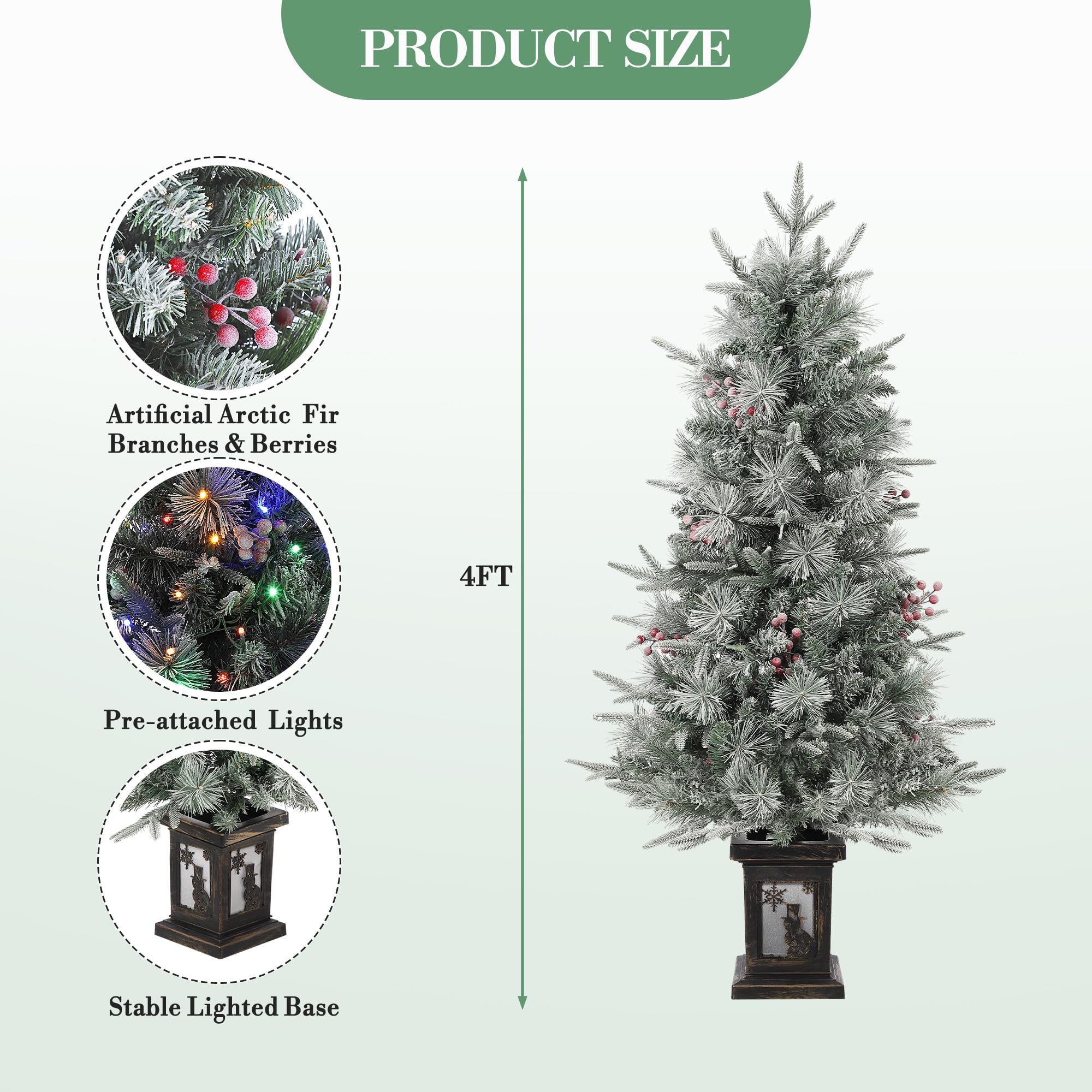 GarveeTech Schneebeflockter künstlicher Weihnachtsbaum 125 cm mit LED - 150 LEDs warmweiß/mehrfarbig, 8 Modi, PVC-Zweige - EU-Stecker, Schneemann-Lichtbox - 4ftH Frost Tree, Dual Color 8 Modes, 150LED