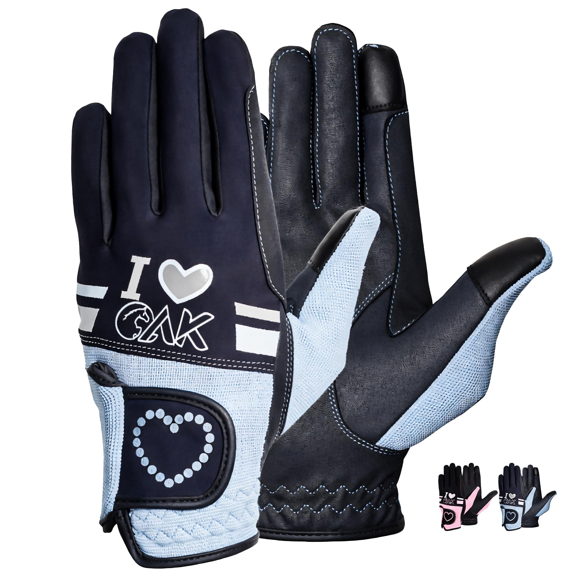 AK Love Horse Riding Gloves Ladies, Men & Kids Equestrian Gloves For All Season (Navy/Sky, S)