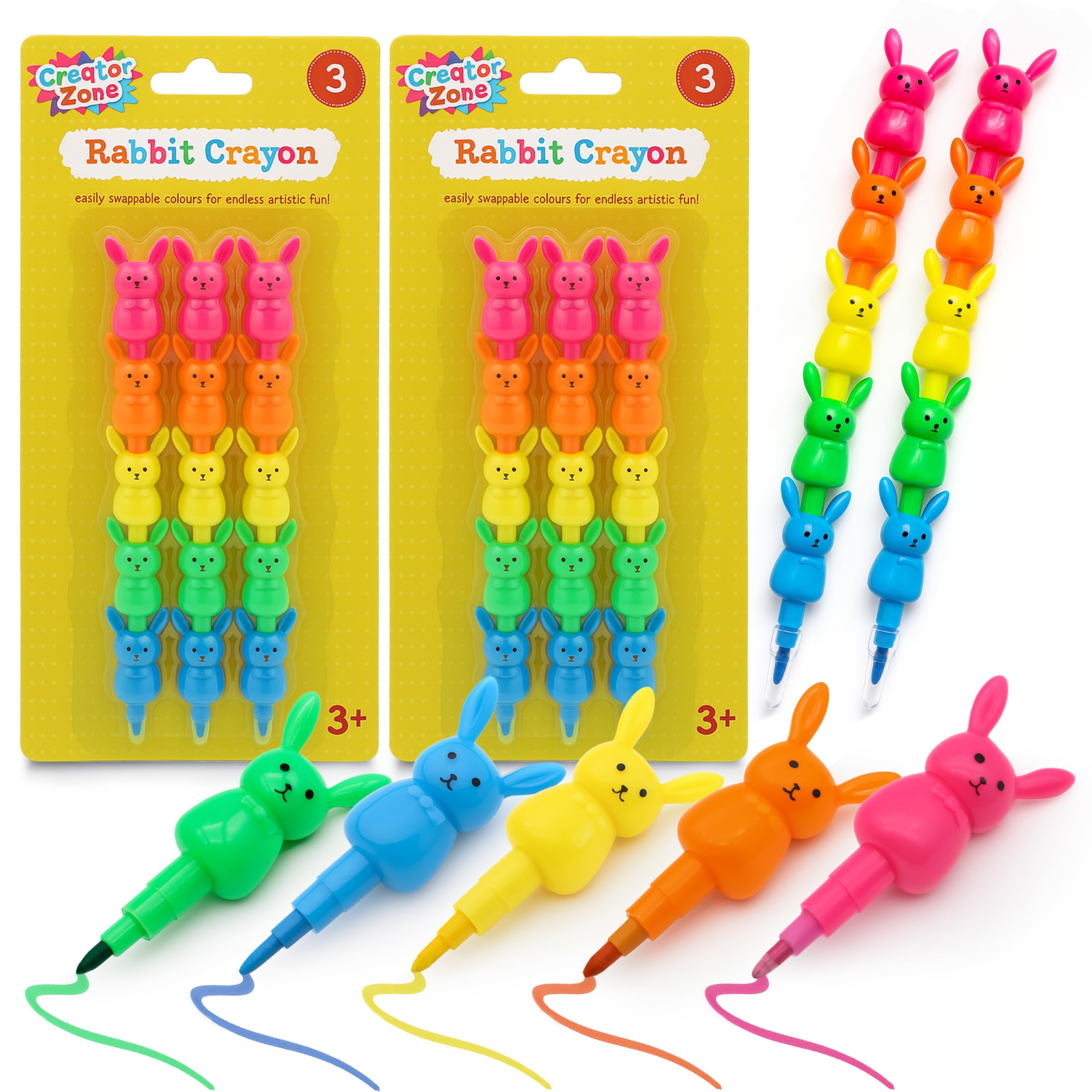 Creator Zone 6pk Rabbit Crayon - Swap Point Crayons for Kids Arts & Crafts, Easily Swappable Colours, Perfect as Baby Party Bag Fillers, Crayons for Party Bags, School Prizes & Gifts for Children