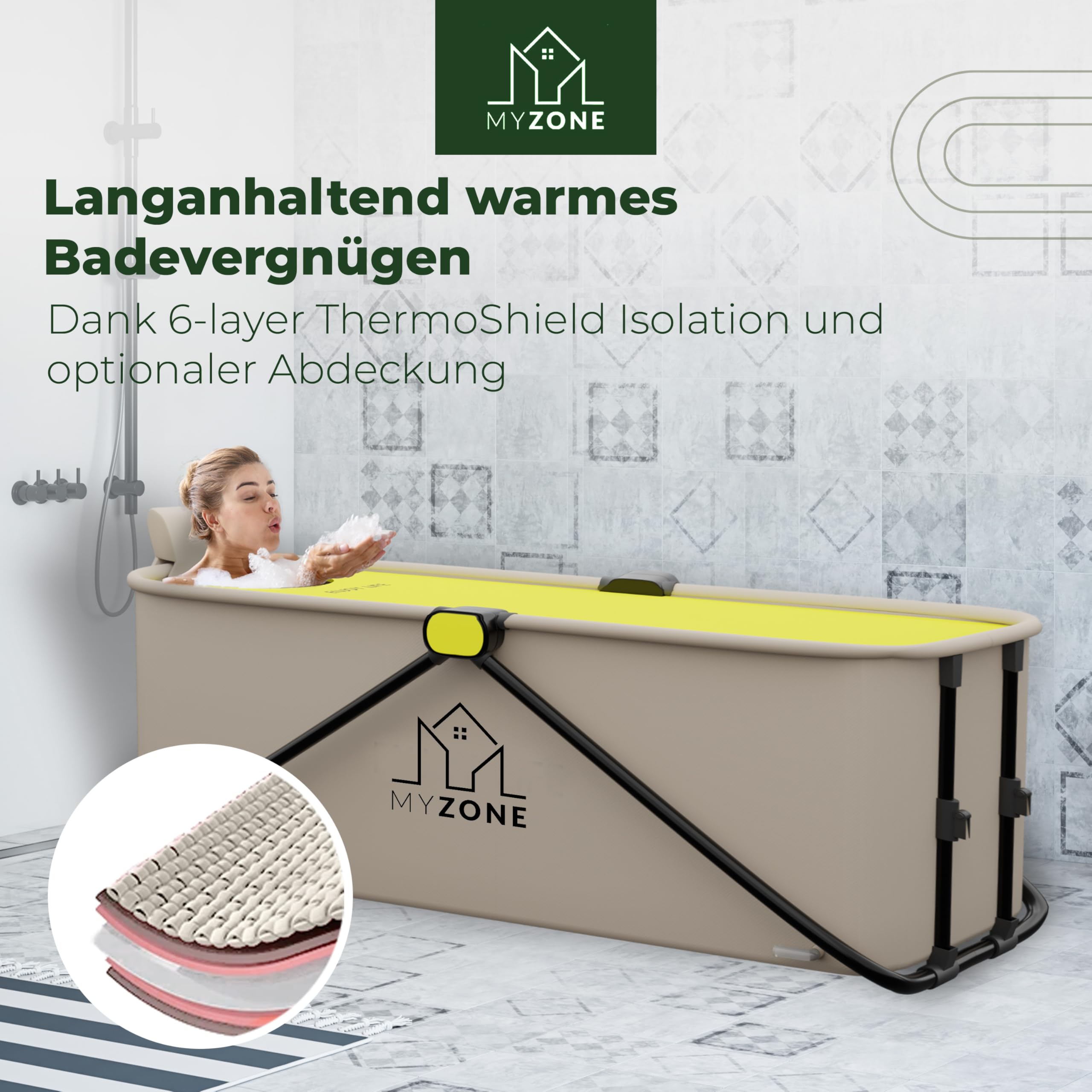 MyZone faltbare Badewanne, 150 x 60 x 50 cm | Klappbare, Mobile, Platzsparende, Badewanne für Dusche | Outdoor, Duschbadewanne, Eisbad/Eiswanne | Alternative zu aufblasbare Badewanne Erwachsene Grau