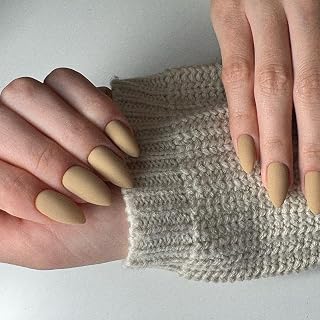Wooyas Press on Nails Almond, Matte Tan Color Handmade Gel False Nails Medium,Reusable Lightweight Natural Almond Fake Nail in 12 Sizes - 24 Pcs Soft Gel Glue On Nails Kit