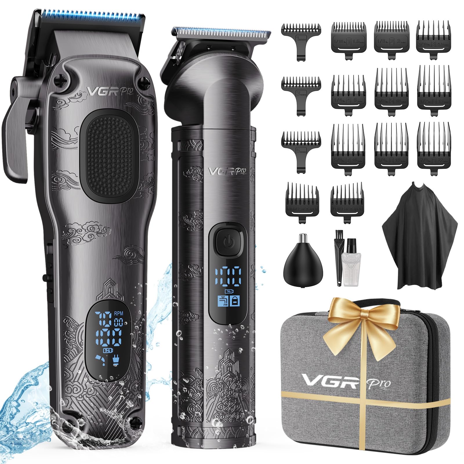 Vgrpro Tagliacapelli uomo professionale, Tagliacapelli Senza Fili per Macchinetta per Capelli, set di Capelli Trimmer e Taglia capelli uomo elettrico Con confezione (Grigio)