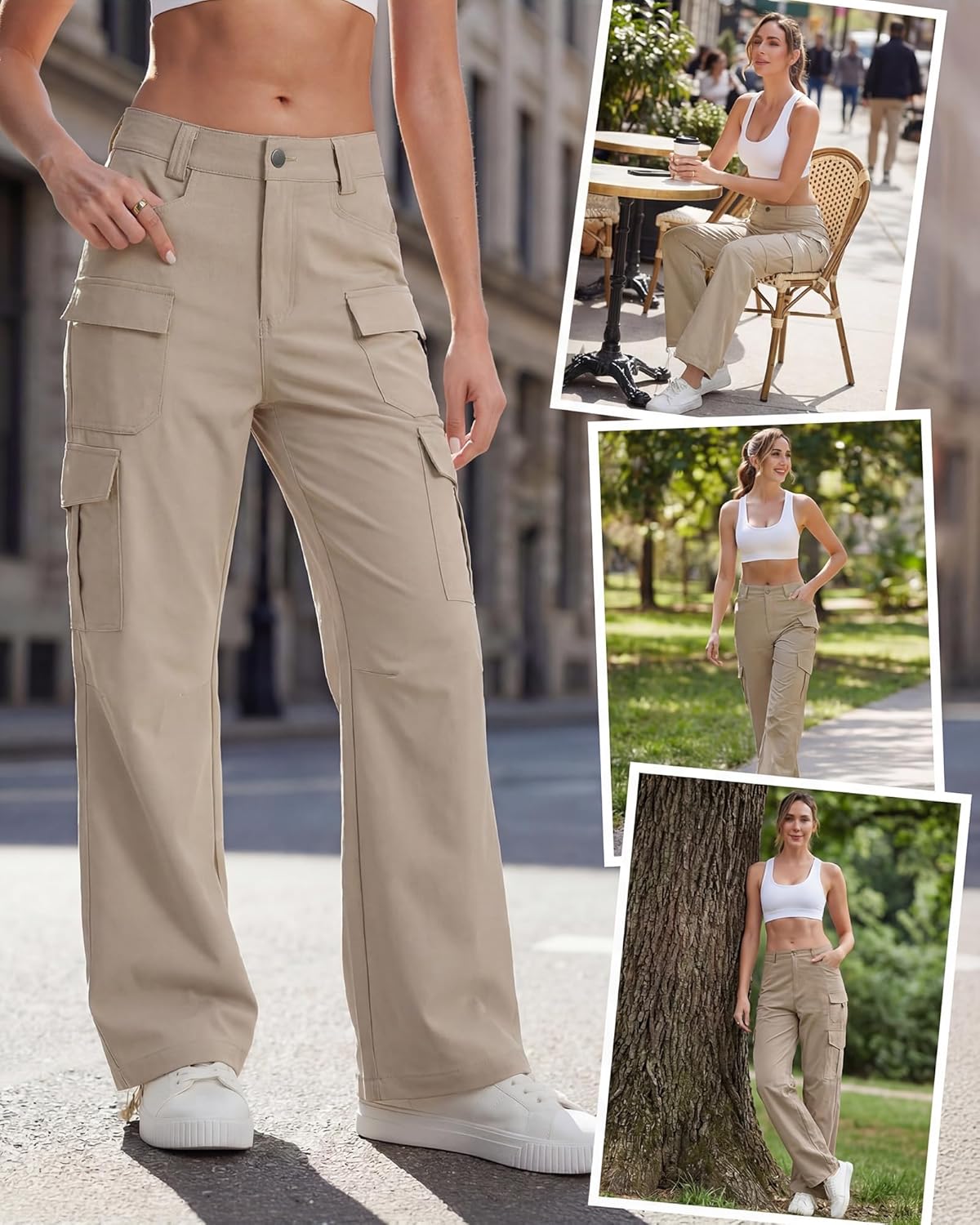 Women's Cargo Pants with 6 Pockets High Waisted Wide Leg Hiking Pants Baggy Lightweight for Travel Outdoor Trousers