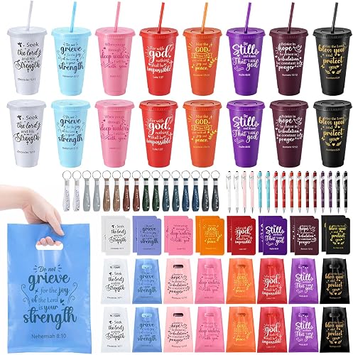 16 Set Christian Gifts Bulk Plastic Cups with Bible Verses Pens Notebooks Keychains Bags, Inspirational Church Gift for Bible Study Volunteers Religious Events
