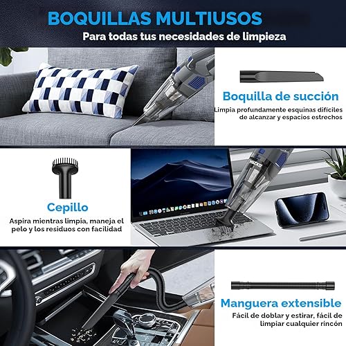Miniatura 3 de Aspiradora de mano inalámbrica, 15000 PA de succión fuerte aspiradora de mano recargable, aspiradora de mano portátil con múltiples boquillas y