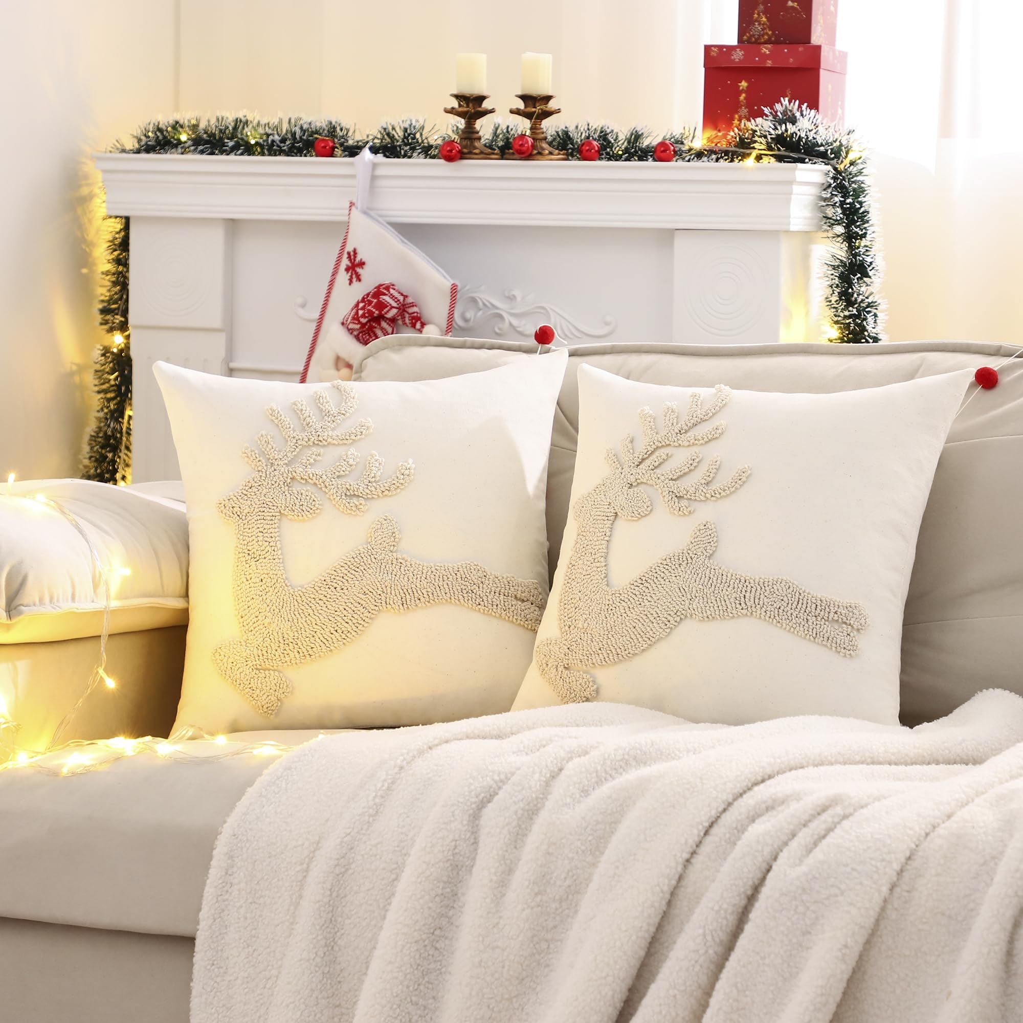 Tosleo Set of 2 Christmas Pillow Covers 18 x 18 inch Beige Christmas Deer Tufted Throw Pillow Covers Christmas Party Decor Winter Holiday Embroidery Cushion Case for Sofa Couch Bed Living Room - Image 2