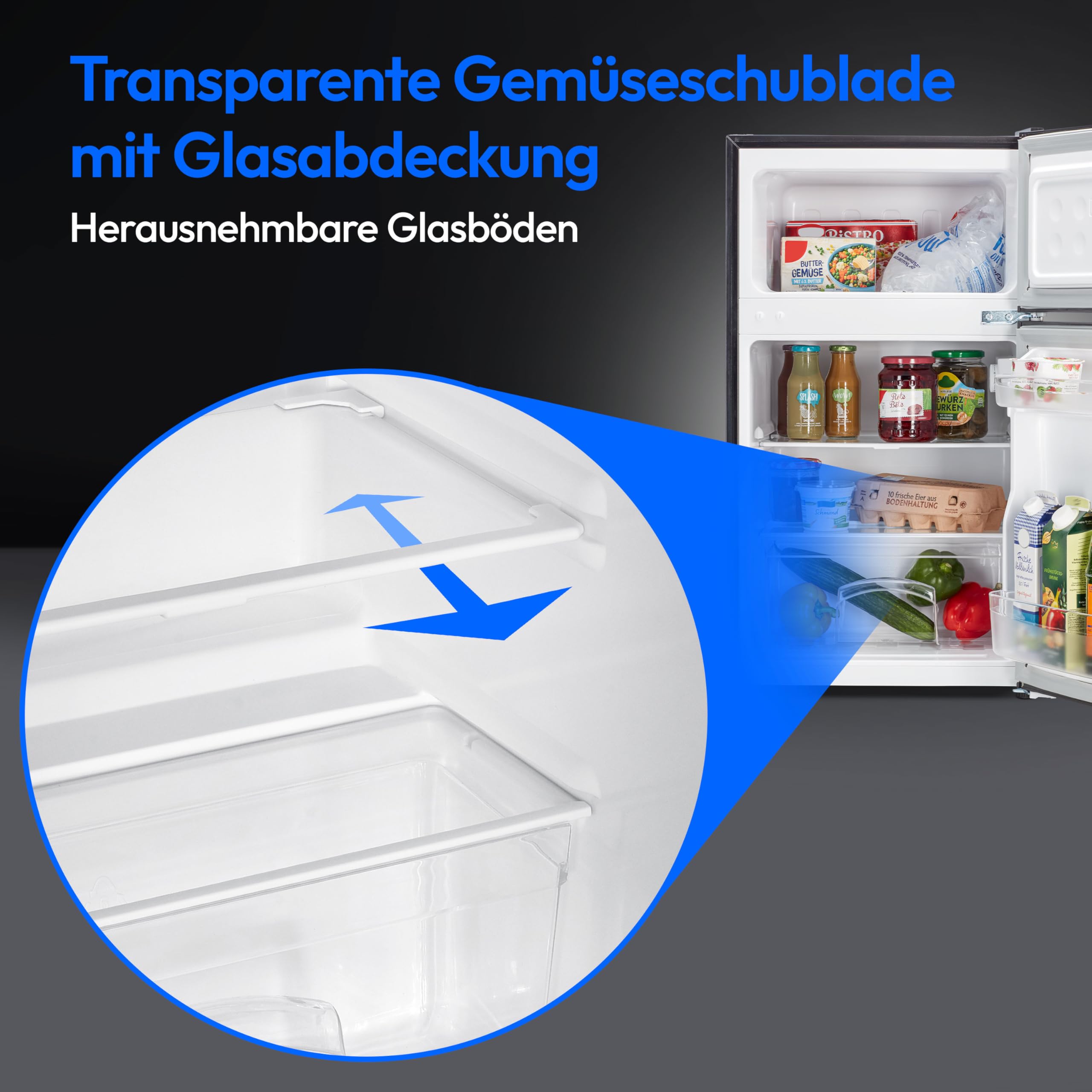 MEDION Mini Kühl-Gefrierkombination (85 Liter, 61L Kühlteil, 24L Gefrierteil, freistehend, 40 dB, transparente Gemüseschublade, Türanschlag wechselbar, MD 37689) grau