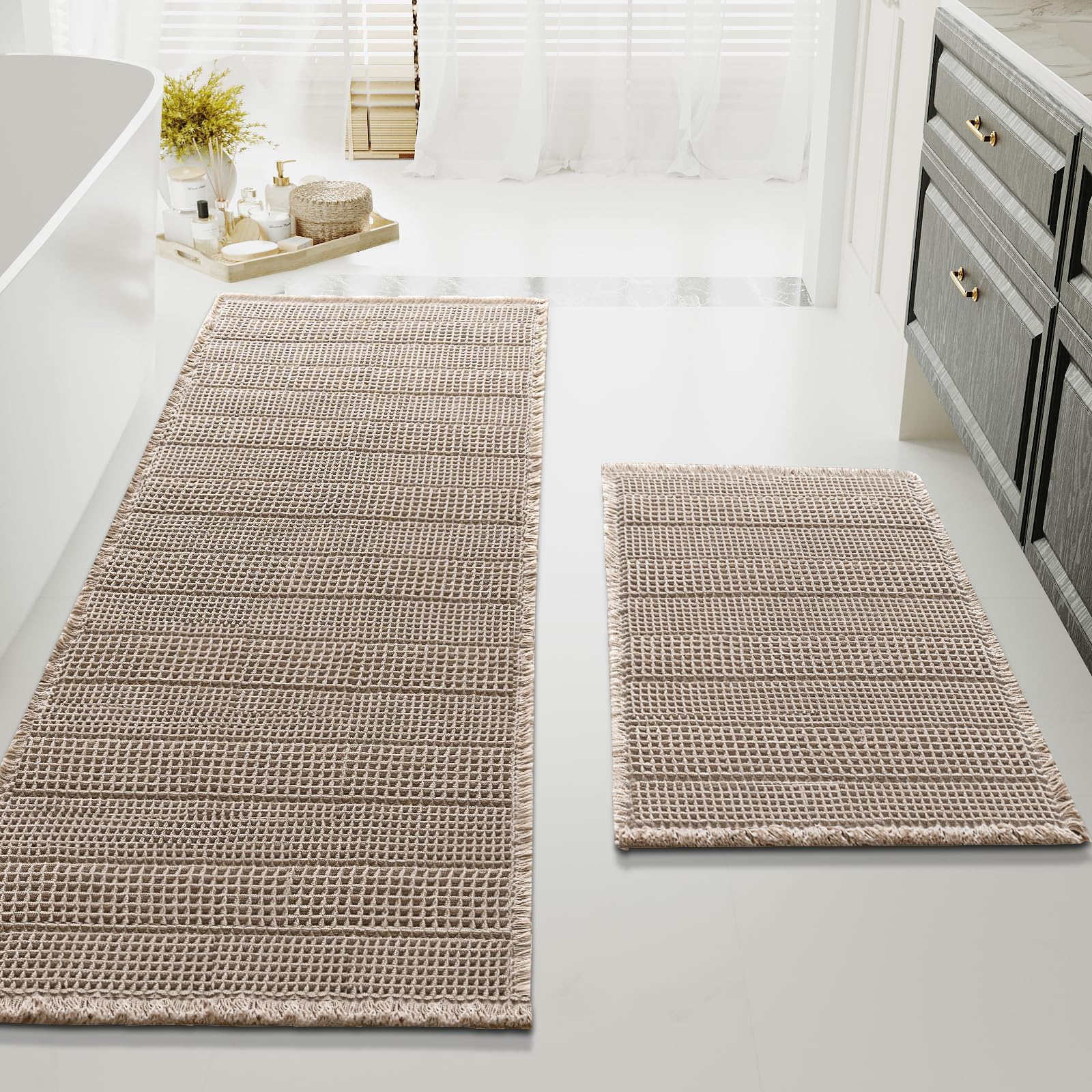 Waffle Bath Mat Super Absorbent Bathroom Mats Non Slip Bath Rugs for Bathroom Floor Machine Washable Ultra Soft Bathroom Rugs for Beside Tub, (32 x 20 Plus 24 x 60 - Inches, Irish Cream)