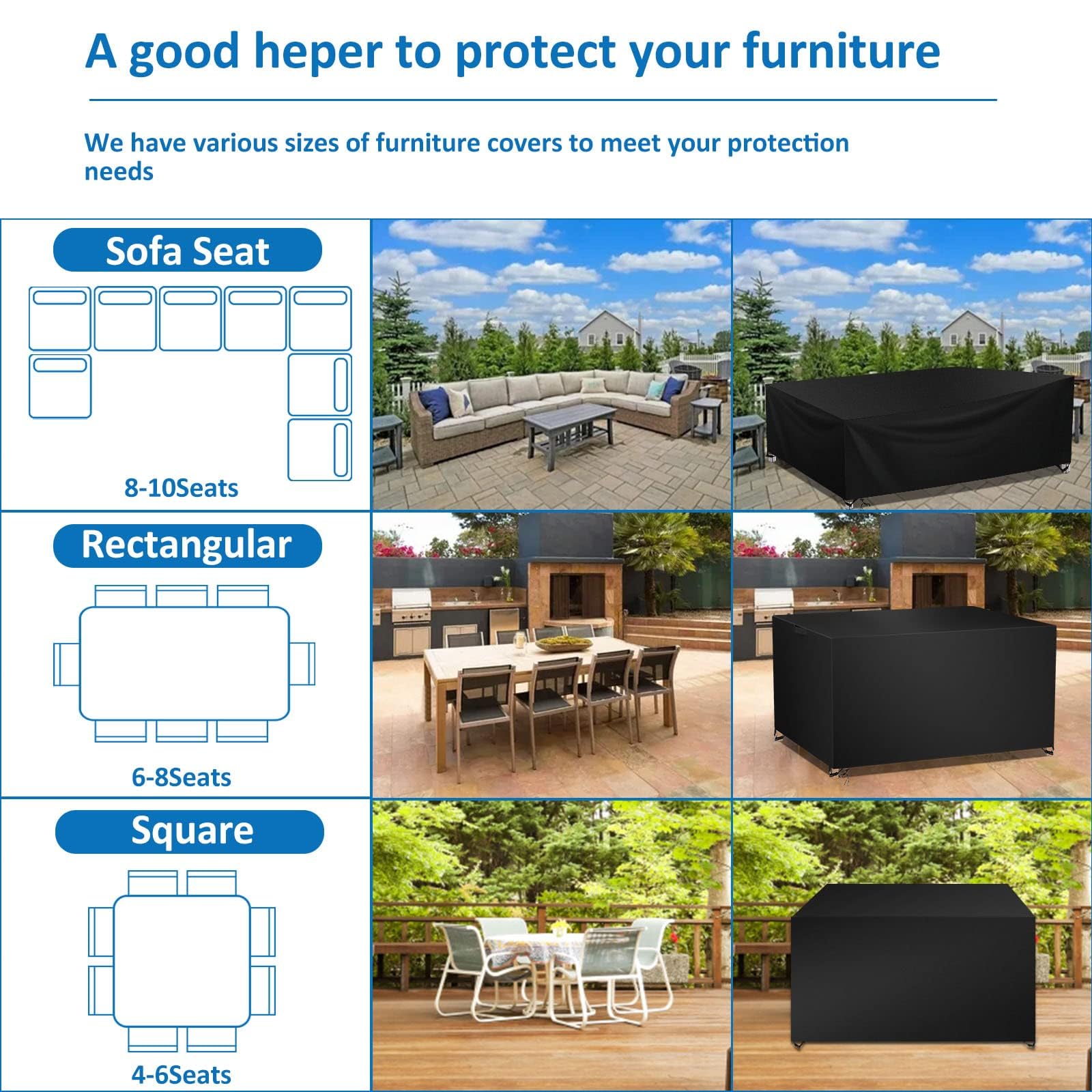 Funda para Mesa Jardín Exterior Impermeable, 420D Oxford Funda Protectora Muebles Jardín Terraza Resistente al Viento Nieve Sol, Cubierta Mesa Jardín Exterior Anti-UV 200x200x85cm