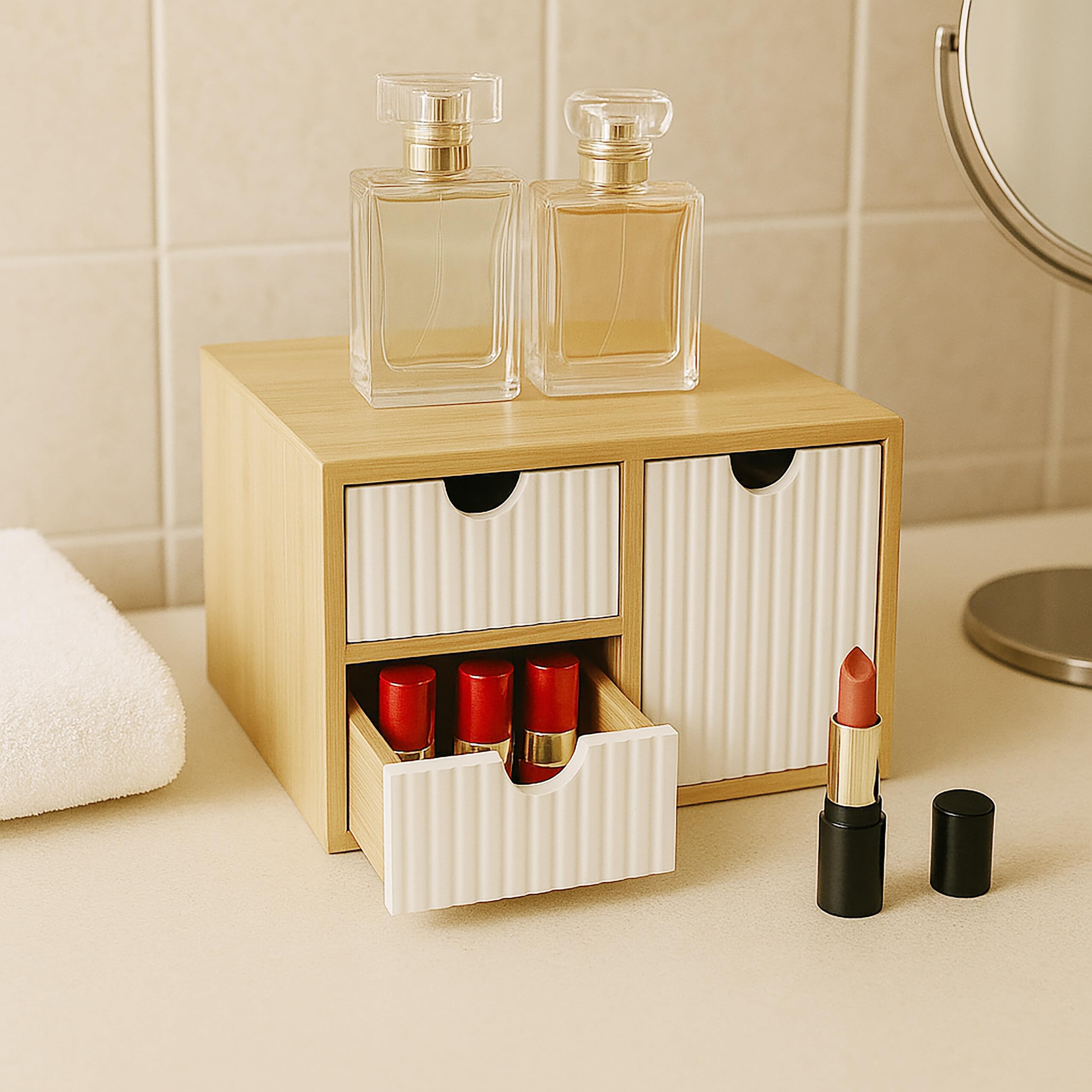 Caja organizadora Relaxdays de bambú/MDF, 3 cajones estriados, 15x25x20 cm, Organizador de Escritorio, Blanco/Natural