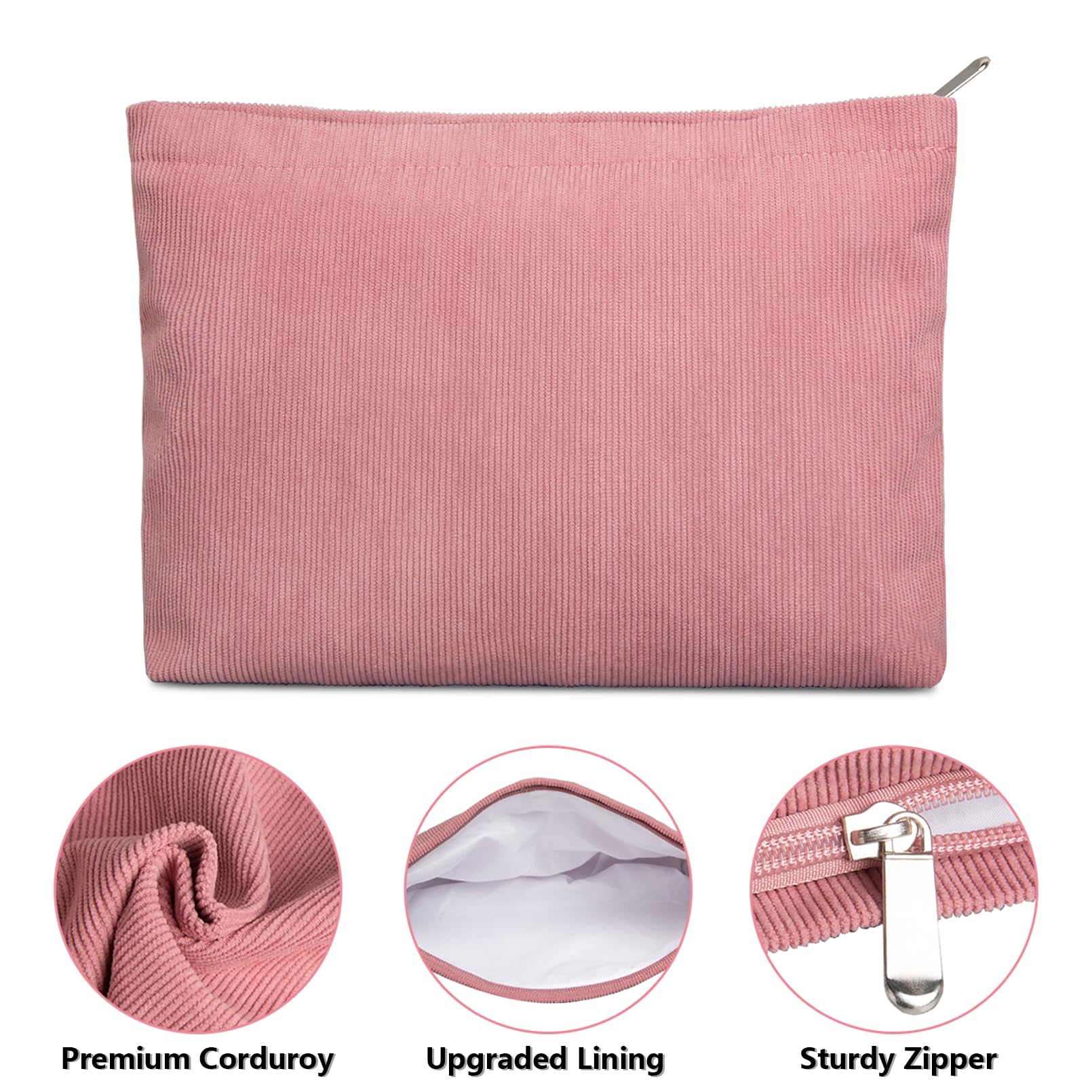 FITDON 2PCS Makeup Bag Zipper Pouch Travel Cosmetic Bags Organizer for Women Small Corduroy Make Up Bag Toiletry Bag, Pink - Image 2
