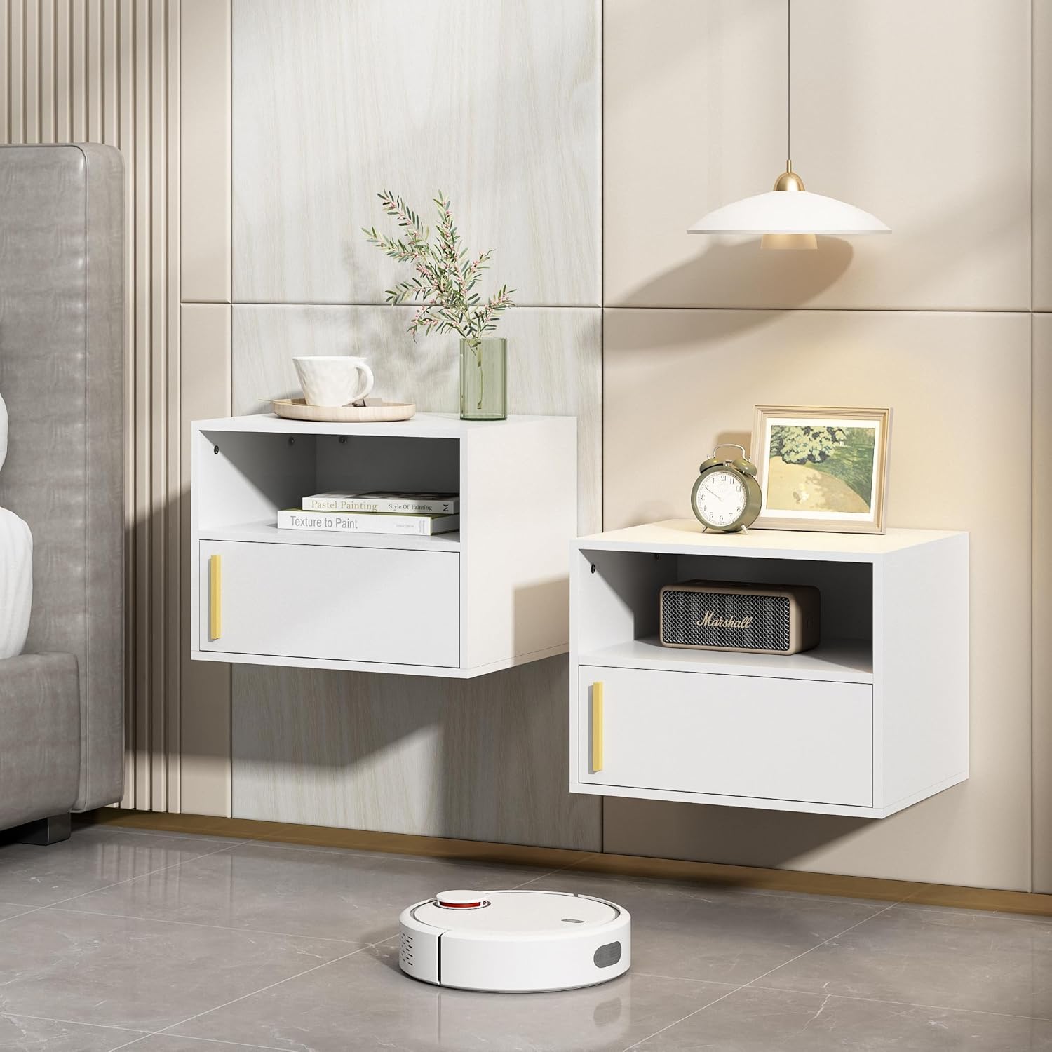 JAXPETY Wall Floating Nightstand Set of 2 Modern Side Table Wall Mounted Shelf with Cabinet Storage for Living Room, Bedroom, Dorm, White