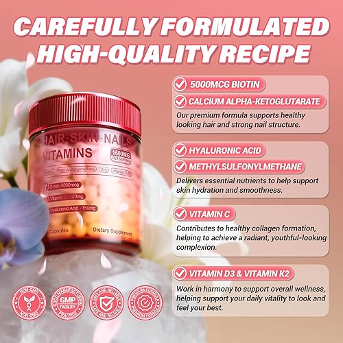 Miniatura 3 de Vitaminas para el cabello, la piel y las uñas con biotina, ácido hialurónico, vitamina C y vitamina D3 K2, suplemento dietético para apoyar un