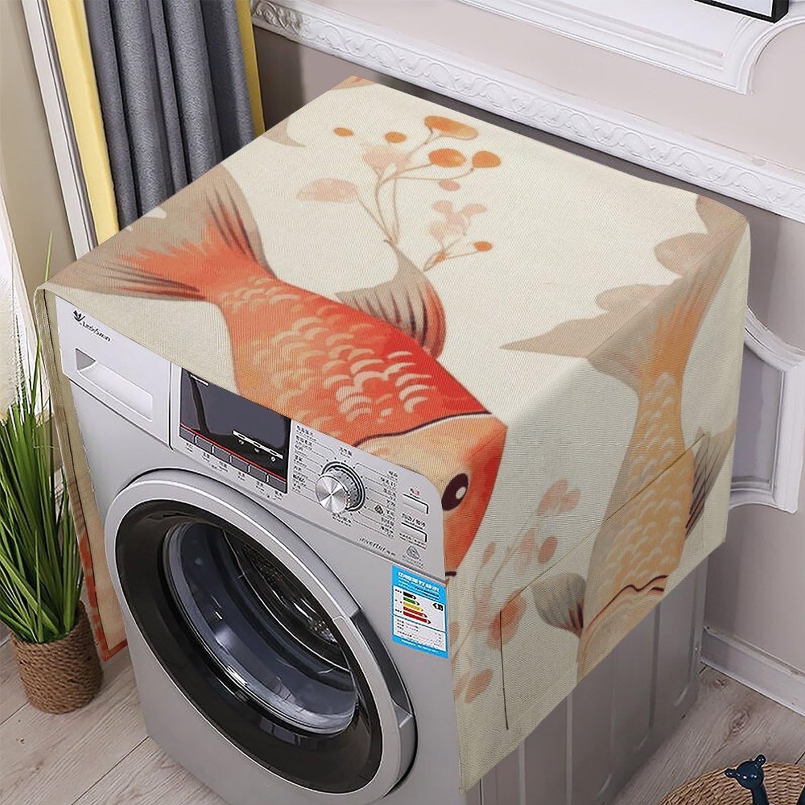 Fodpand White Washing Machine Cover For Top Load Dustproof Fish Washer And Dryer Cover With Storage Pockets Household Appliance Covers Washable Top Protector Mat Pad For Laundry & Kitchen