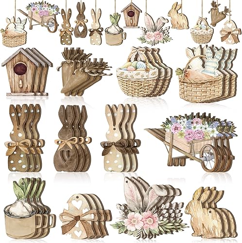 Miniatura 1 de Wenqik 36 piezas de decoraciones de madera de primavera de Pascua para árbol, decoraciones de Pascua con cuerda para colgar, conejo, zanahoria,