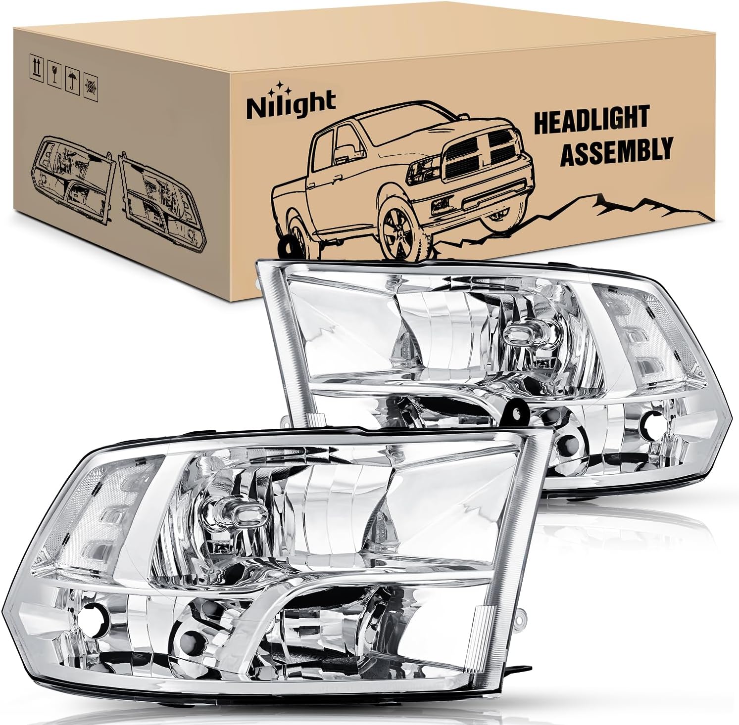 Nilight Headlight Assembly 2009 2010 2011 2012 2013 2014 2015 2016 2017 2018 Ram 1500 2500 3500 Pickup Quad Headlamp Replacement Chrome Housing Clear Corner Lens,(Only for Models)
