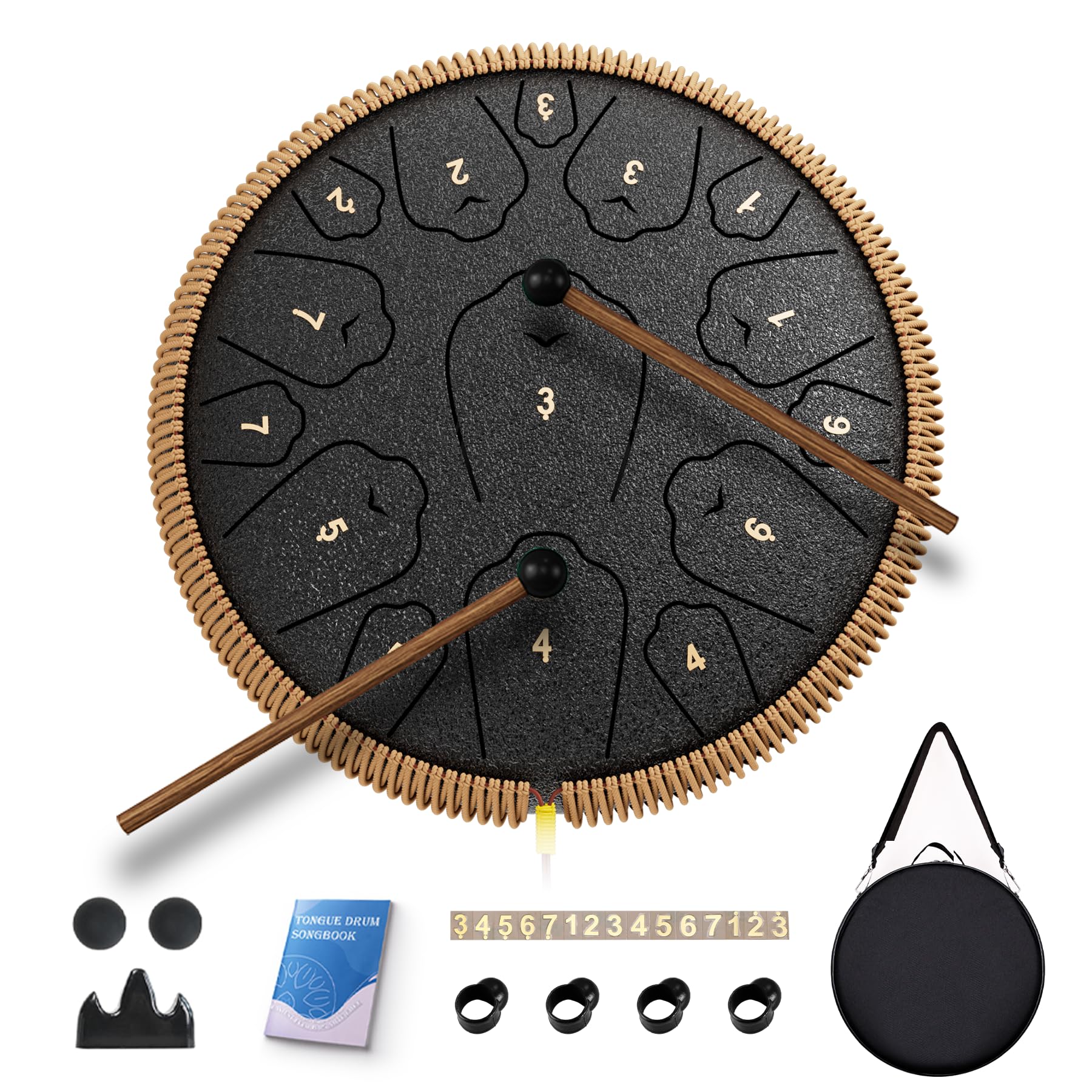 Steel Tongue Drum, 13 Inch 15 Notes Tongue Drums, C Major 440 Hz Drum Percussion Instruments, Handpan Drums with Music Book, Drum Mallets and Carry Bag (Black)