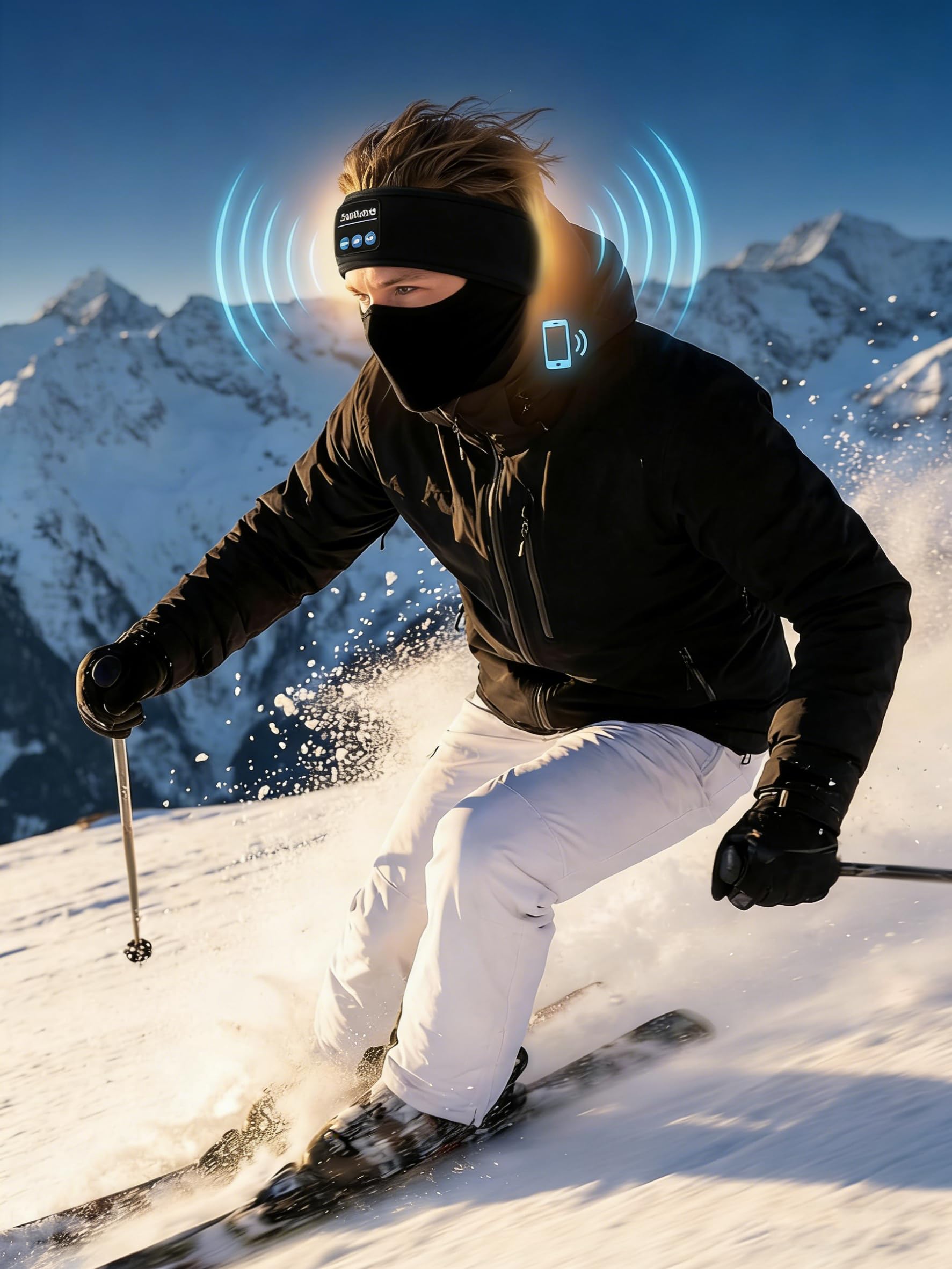 Ski Headband, Bluetooth Music Headband for Skiing, Soft, Helmet-Friendly Design, Wireless Headband Headphones with Built-In Speakers for Sleeping, Outdoor Sports (Black)