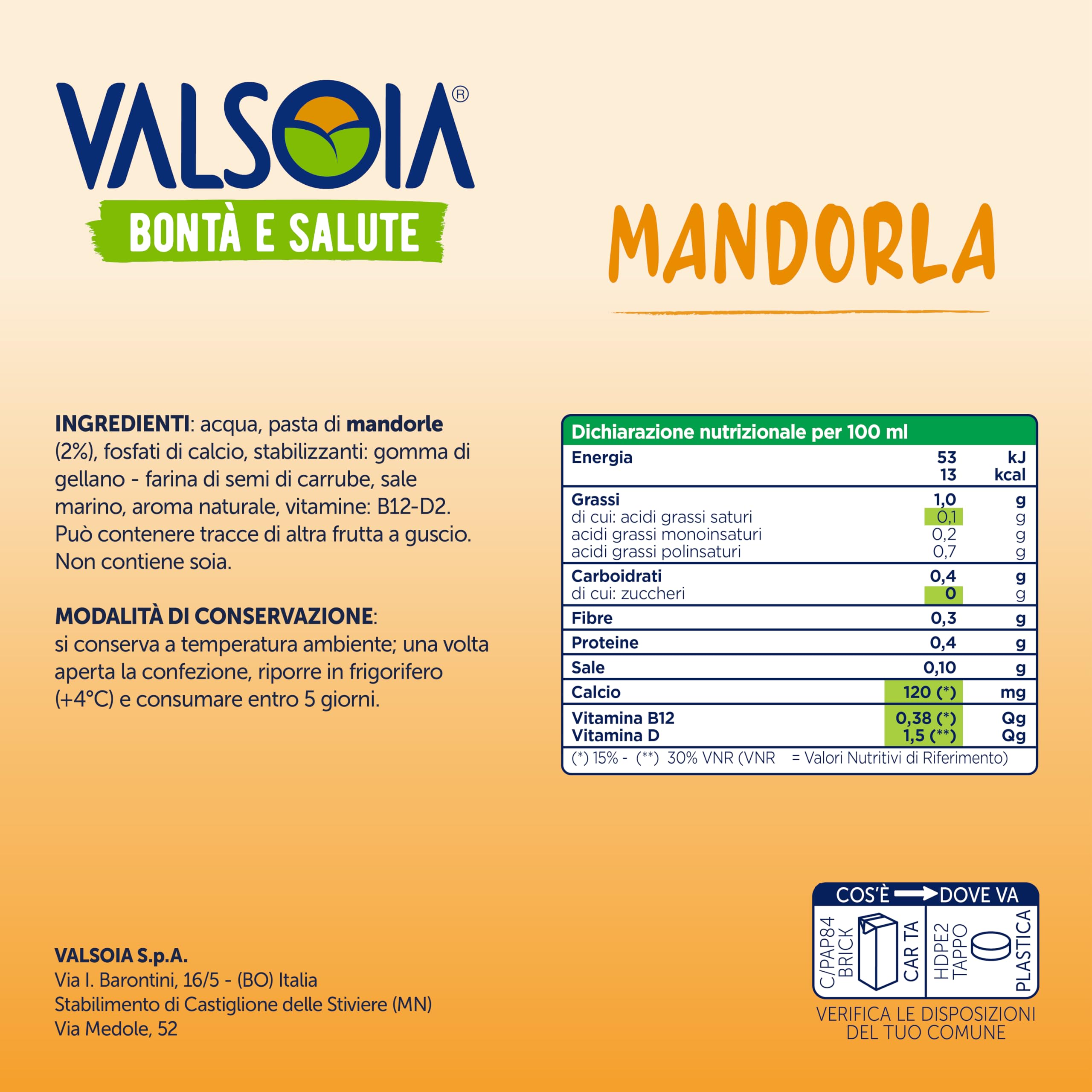 Valsoia - Bevanda Mandorla Zero Zuccheri, Box da 10 Tetra Brik da 1000 ml, 100% Vegetale, Senza Lattosio e Glutine, con Calcio e Vitamine, Ideale anche per Vegani, Vegetariani e Celiaci