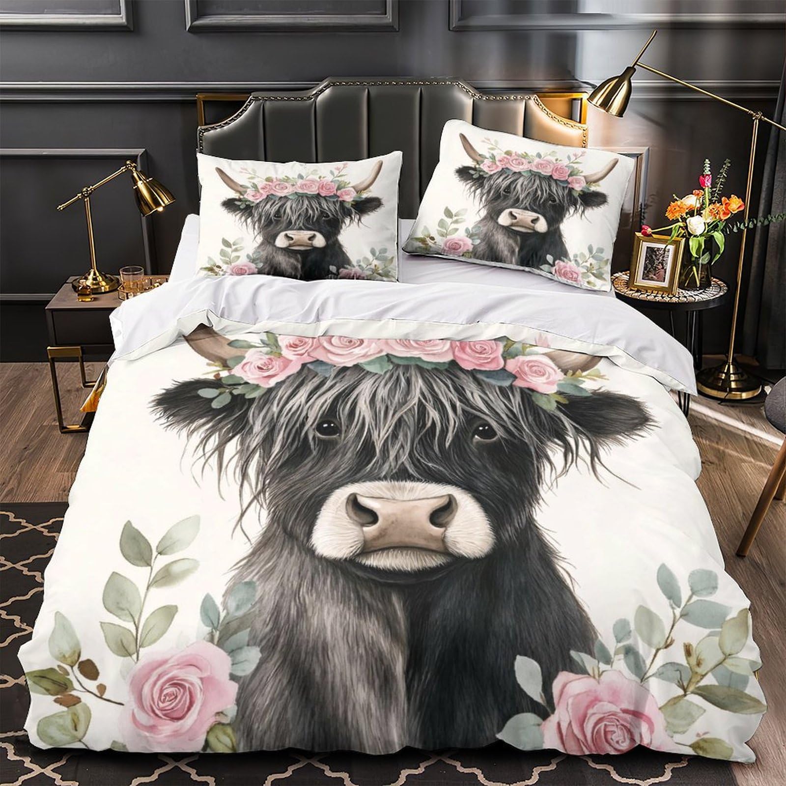 Housse de Couette Vache des Highlands Fleurie pour Lit Garçon