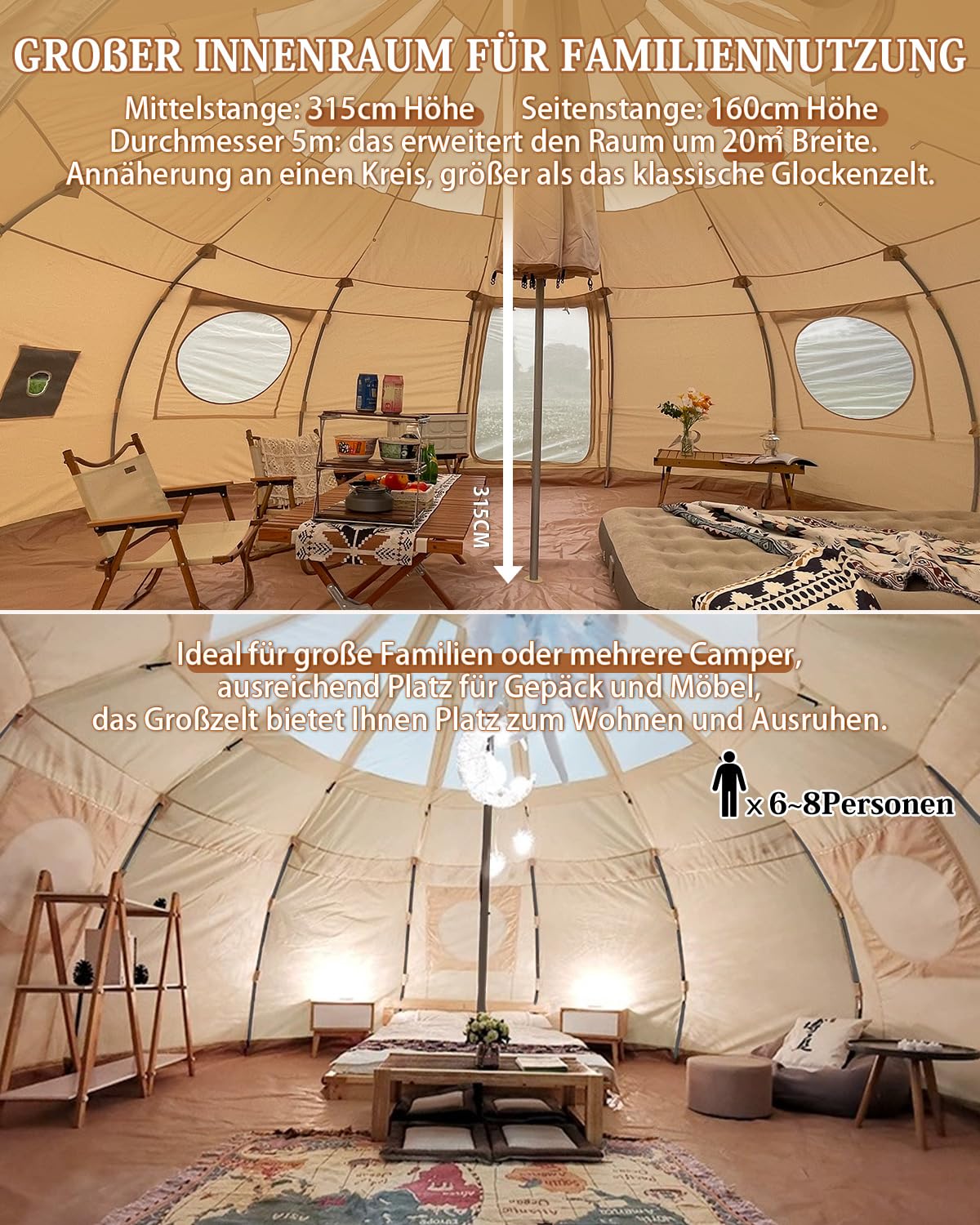 TOMOUNT Tipi Baumwolle Zelt 8 Personen Zwiebelzelt Große Familienzelt Canvas Pyramiden Jurtenzelt Glamping Wassertropfen-Zelt für Camping, Hiking, Festival, Parties, Musikfest, Hochzeit