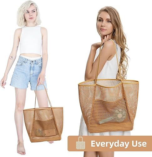 Miniatura 9 de KALIDI Bolsa de mano de malla de nailon para playa, bolso de mano casual para mujer, plegable MAX 23L, bolso de hombro para vacaciones de picnic en