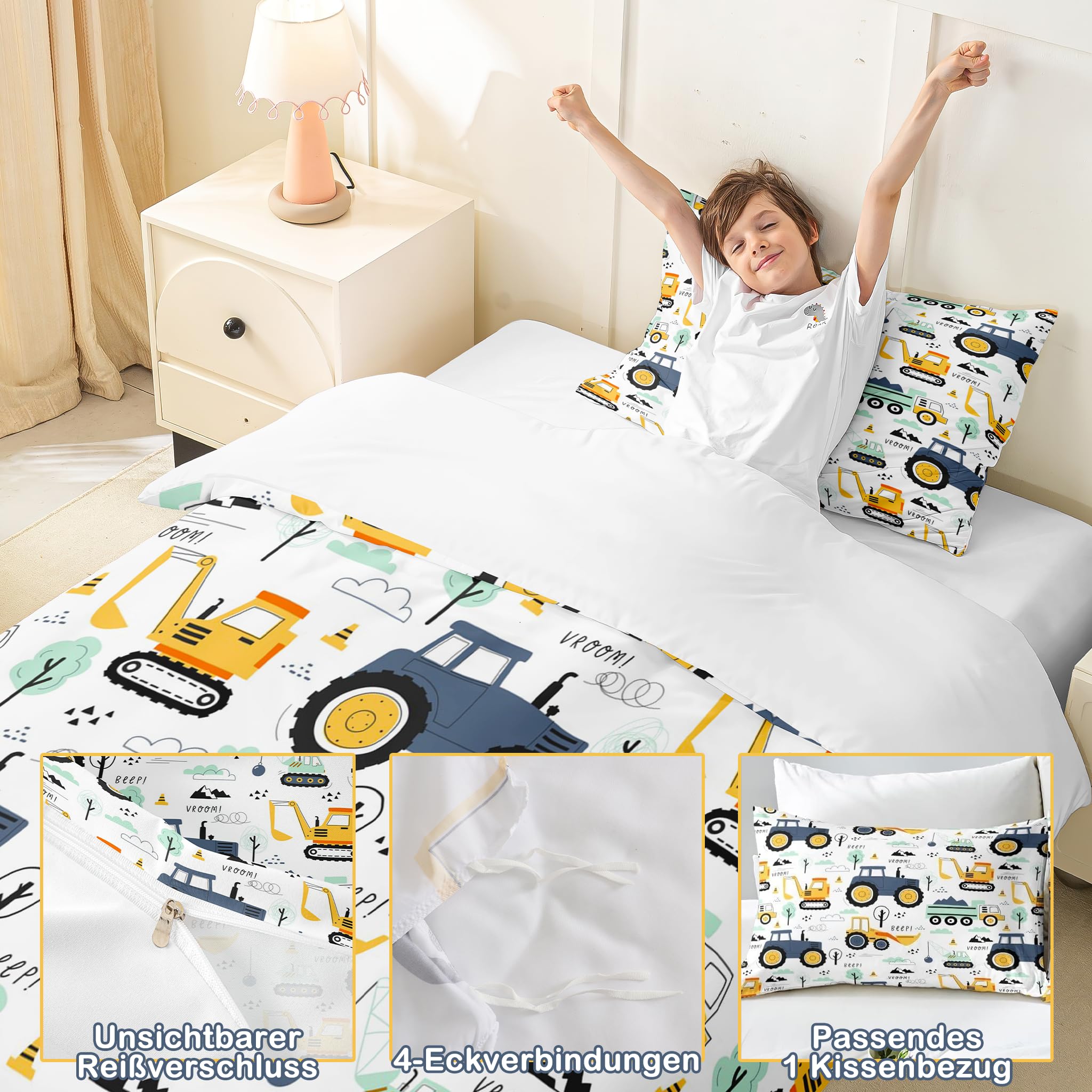 Homewish Bagger Bettwäsche Kinder 155X220, Cartoon Auto für Mädchen Jungen Jugendliche Bettbezug Süß Auto Muster LKW Traktor Wendebettwäsche Schlafzimmer Dekor Mikrofaser Mit 80X80 Kissenbezug
