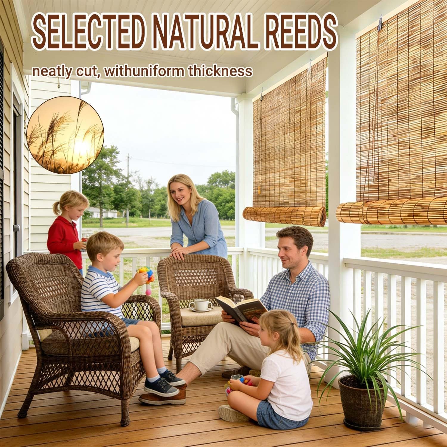 Roller Blinds Bamboo Roll Up Shades Natural Reed Roller Shades Outdoor Patio, Light Filtering Roll Up Blinds for Porch, Backyard, Gazebo, 70% Sun Shade & Privacy Protection(Carbon,61" W x 67" H)