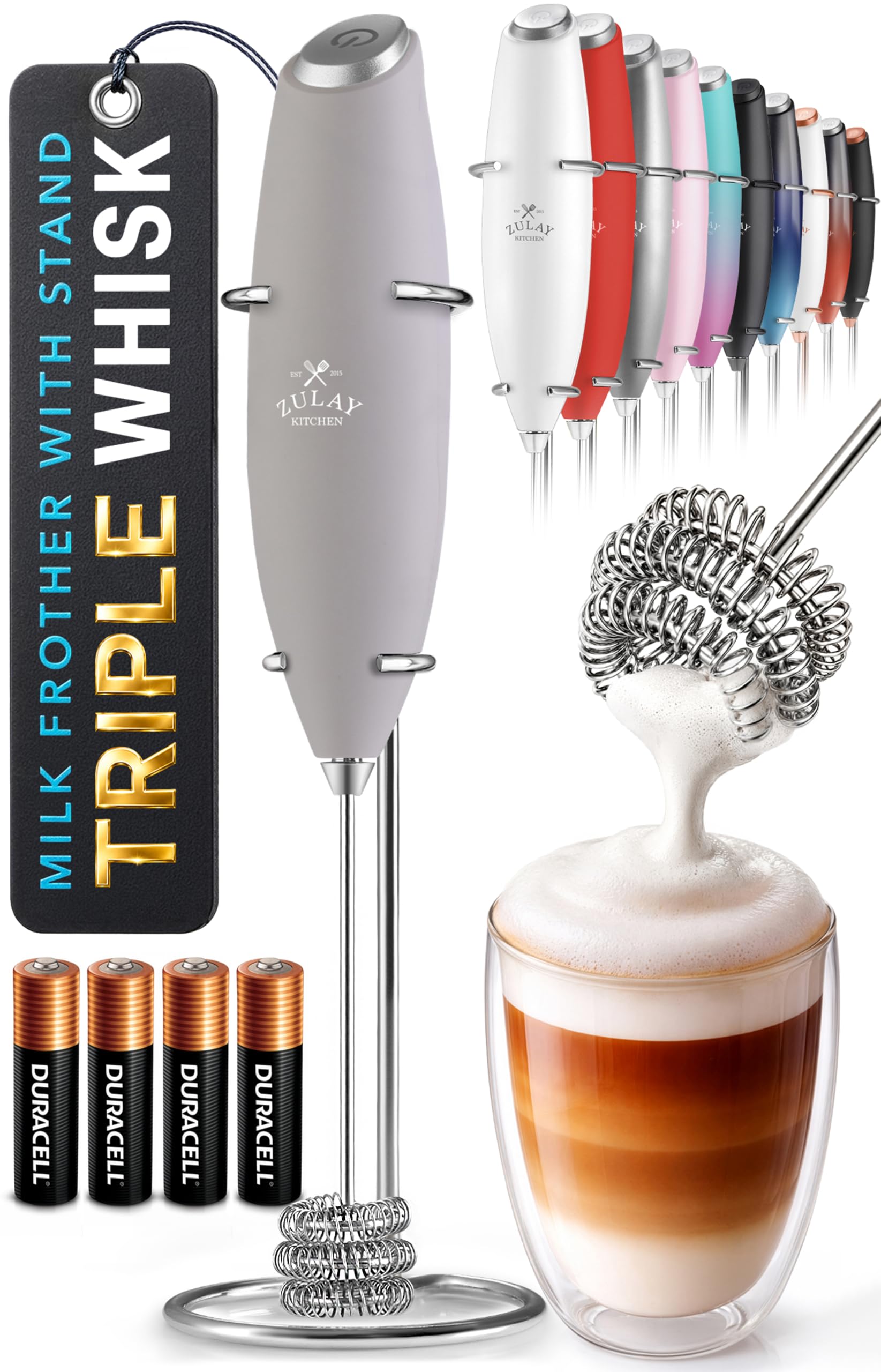 Zulay Kitchen Powerful Milk Frother Wand With Duracell Batteries - Ultra Fast Handheld Drink Mixer - Electric Whisk Foam Maker for Coffee, Lattes, Cappuccino &amp; Matcha - Triple Whisk - Pewter Gray