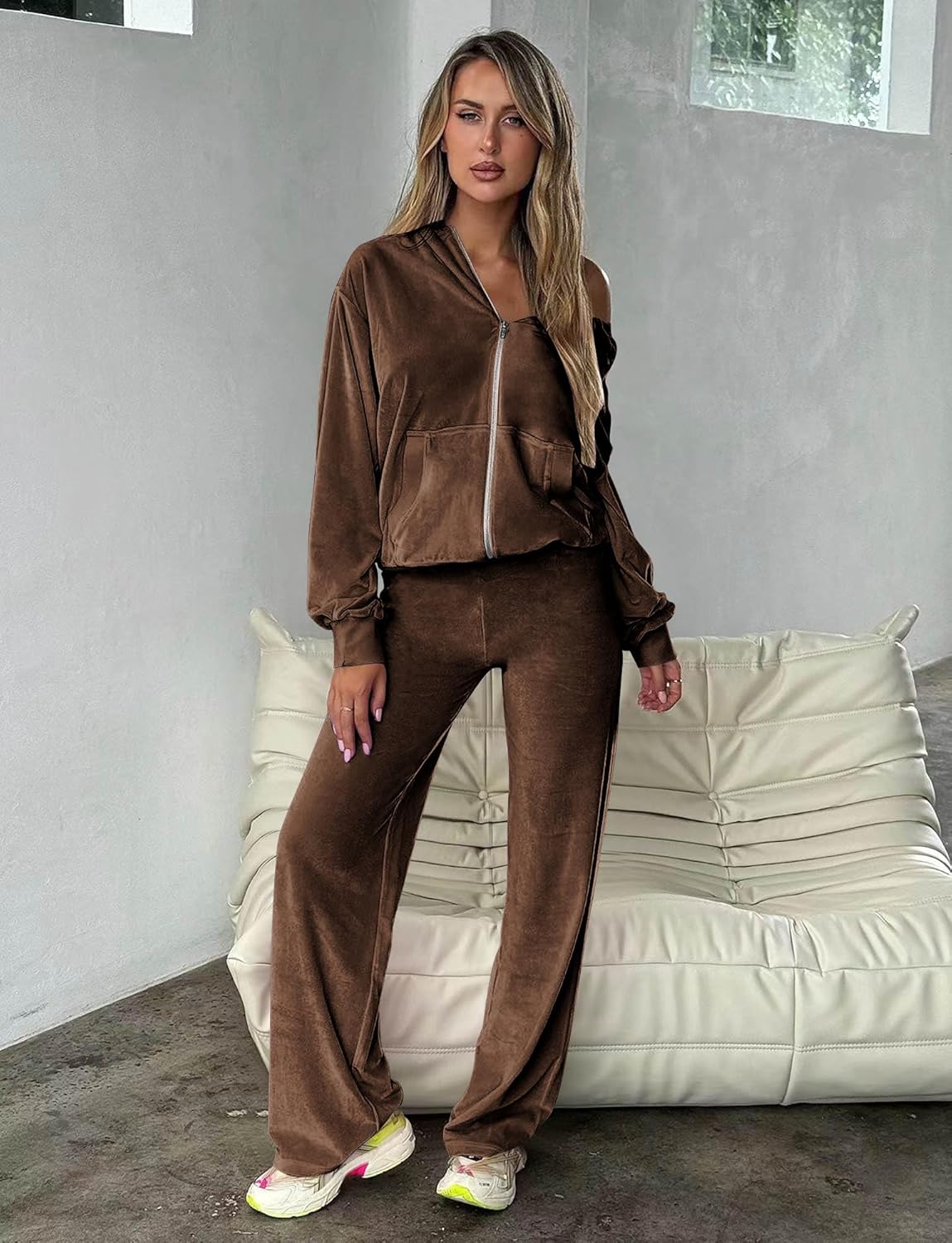 Womens 2 Piece Solid Velour Tracksuits Two Piece Velvet Lounge Outfits for Women, Long Sleeve Hoodie Tops Sweatsuits Casual Zip-Up Jacket Workout Pants Matching Set with Pockets, Sports Jogging Sets - Image 4