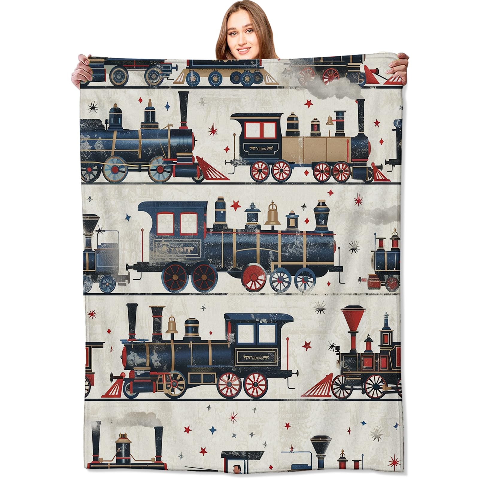 VODRM Vintage Steam Train Blanket,Cute Classic Railway Retro Throw Blankets,Gifts for Kids Girls,Lightweight Soft Fleece,for Sofa Couch Bed Room Travel,Birthday Historical Aesthetics Decor,50x60in