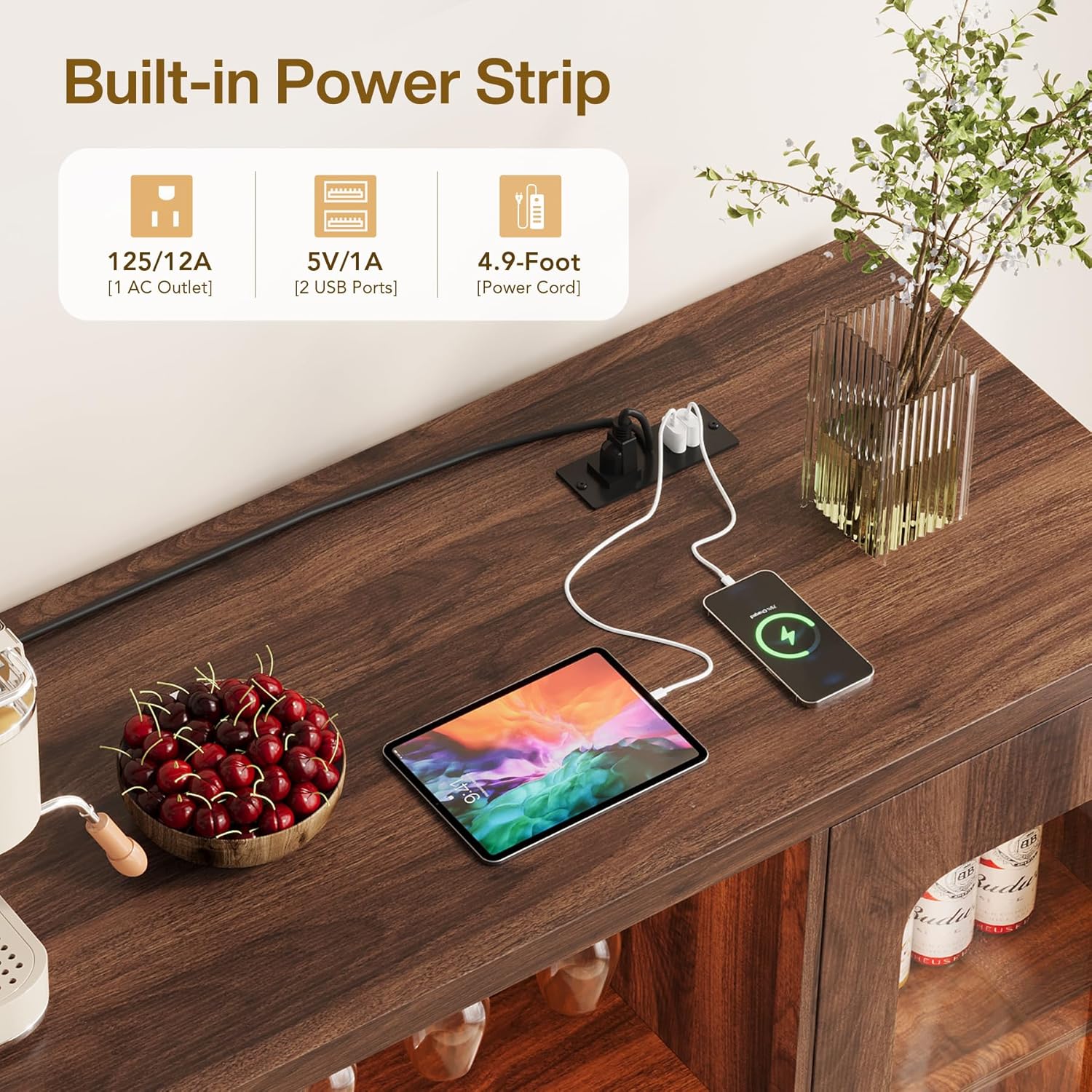 Bar Cabinet with Power Outlets, Modern Coffee Bar Sideboard with LED Light, Farmhouse Liquor Cabinet with Wine Rack, Glass Holder & Wine Storage, Walnut