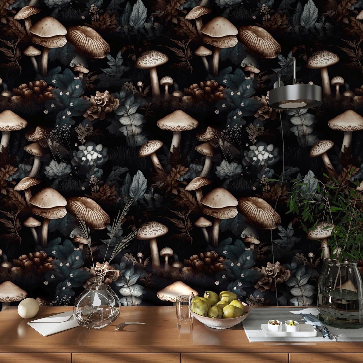 Laaste Boho Mushroom Wallpaper Peel and Stick Vintage Floral Contact Paper 17.5In x 393.7In Vinyl Self-Adhesive Waterproof Dark Botanical Floral Wall Paper for Room Walls Cabinet Decor