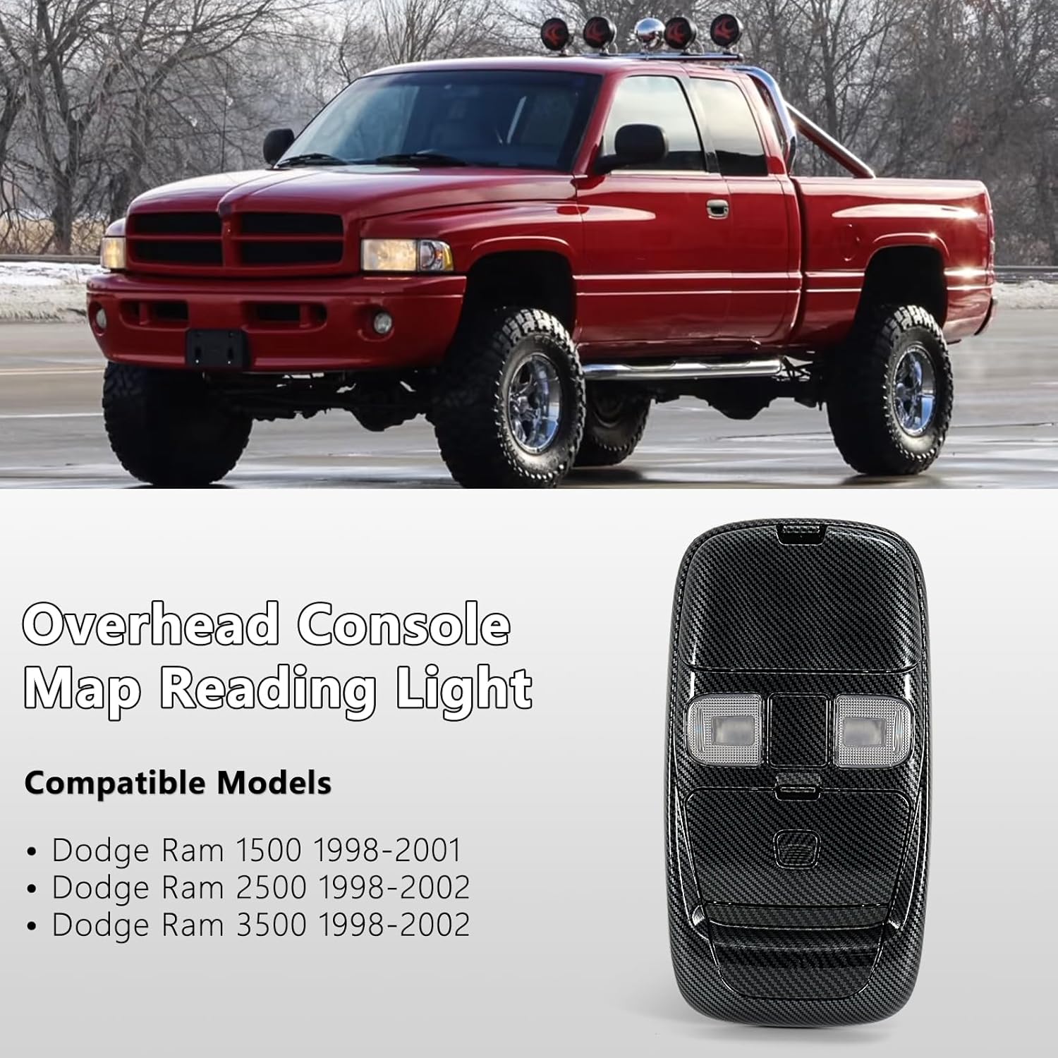 Overhead Console Map Reading Dome Light for Dodge Ram 1500 2500 3500 1998-2002 SN96TL2AA SN94TL2AA Carbon Fibre