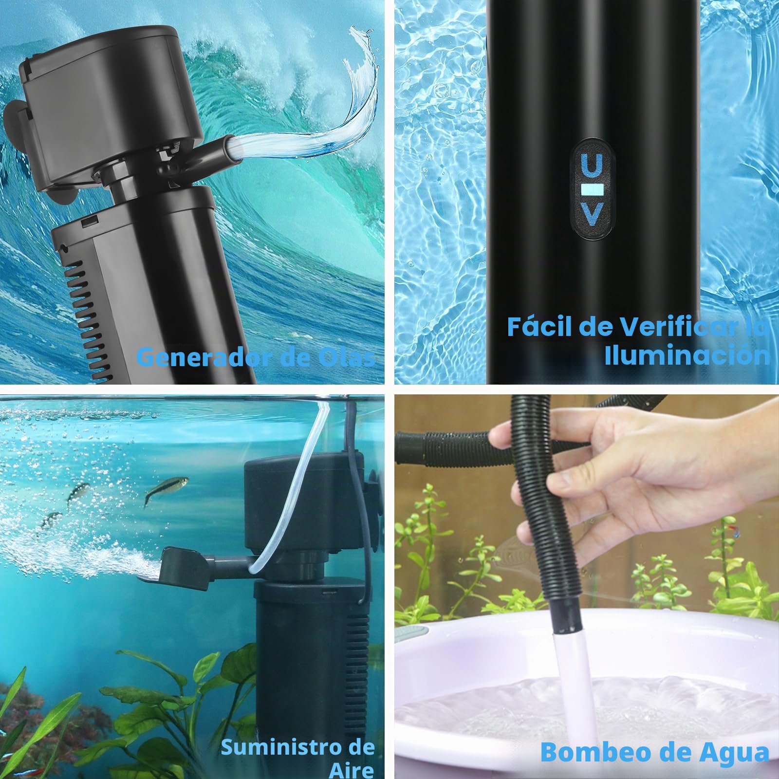 Tararium Filtro para acuario para peceras de 150-560 litros, filtro interior sumergible antialgas UV, bomba de agua de 1500 l/h, clarificante cristalino, eliminador de algas, bomba de agua para