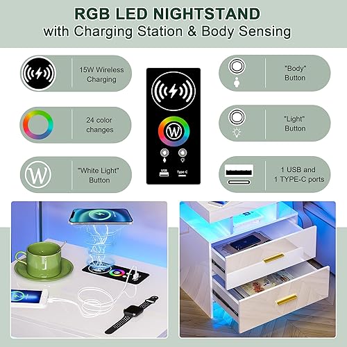 Miniatura 23 de HNEBC Mesita de noche LED, mesita de noche negra con estación de carga, USB + tipo C + carga inalámbrica, mesita de noche inteligente con sensor