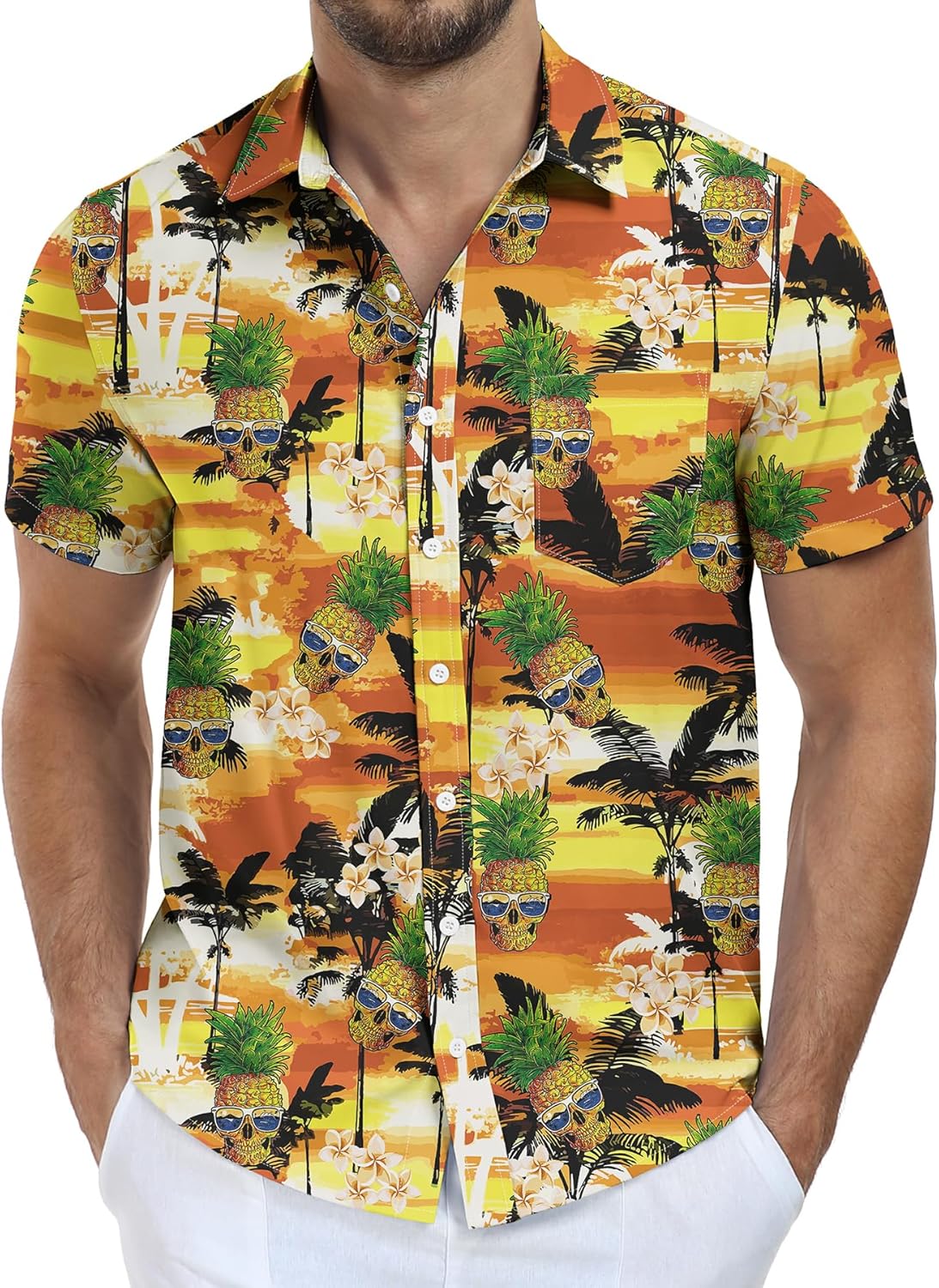 قمصان هاواي للرجال من NITAGUT، بأكمام قصيرة، وأزرار، وجيب، مناسبة للعطلات الاستوائية على الشاطئ - (اللون: أصفر أناناس، المقاس: كبير جدًا)