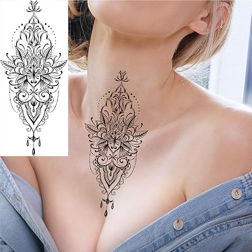 Miniatura 7 de 10 hojas de tatuajes temporales realistas de flor de loto sexy para mujer, muslo de brazo, grande, floral, indio, tribal, bohemio, mariposa,