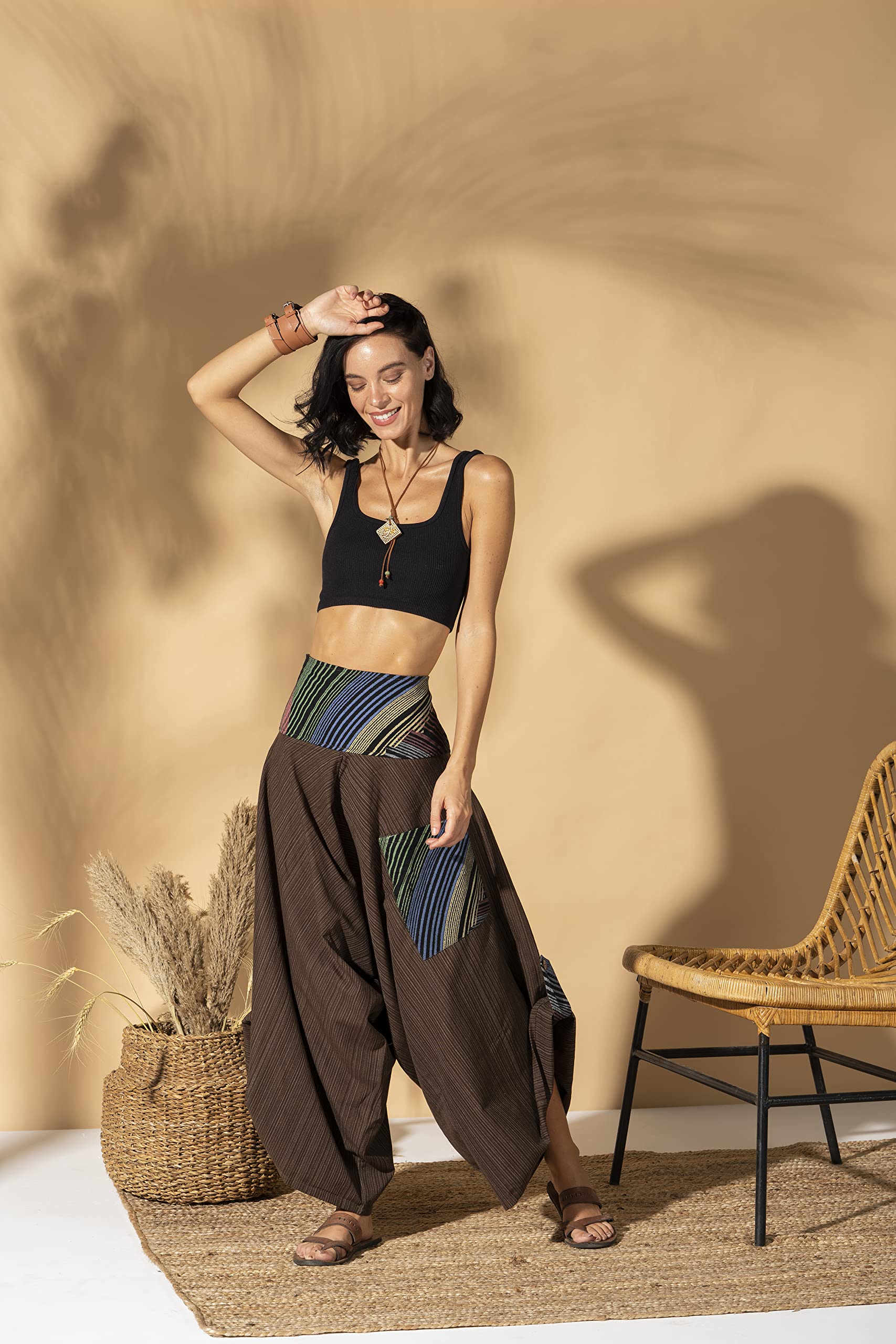 The Veshti Company Pantalones Harem de Yoga para Mujer Palazzo Premium, Marrón, Talla Única