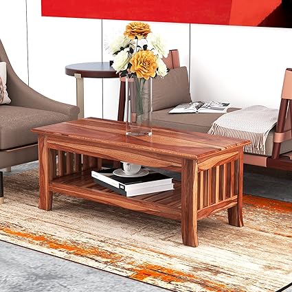 RATANDHARA FURNITURE Solid Sheesham Wood Wooden Centre Table Coffee Table Center Table Teapoy for Living Room Wooden Home Furniture (Design 3)