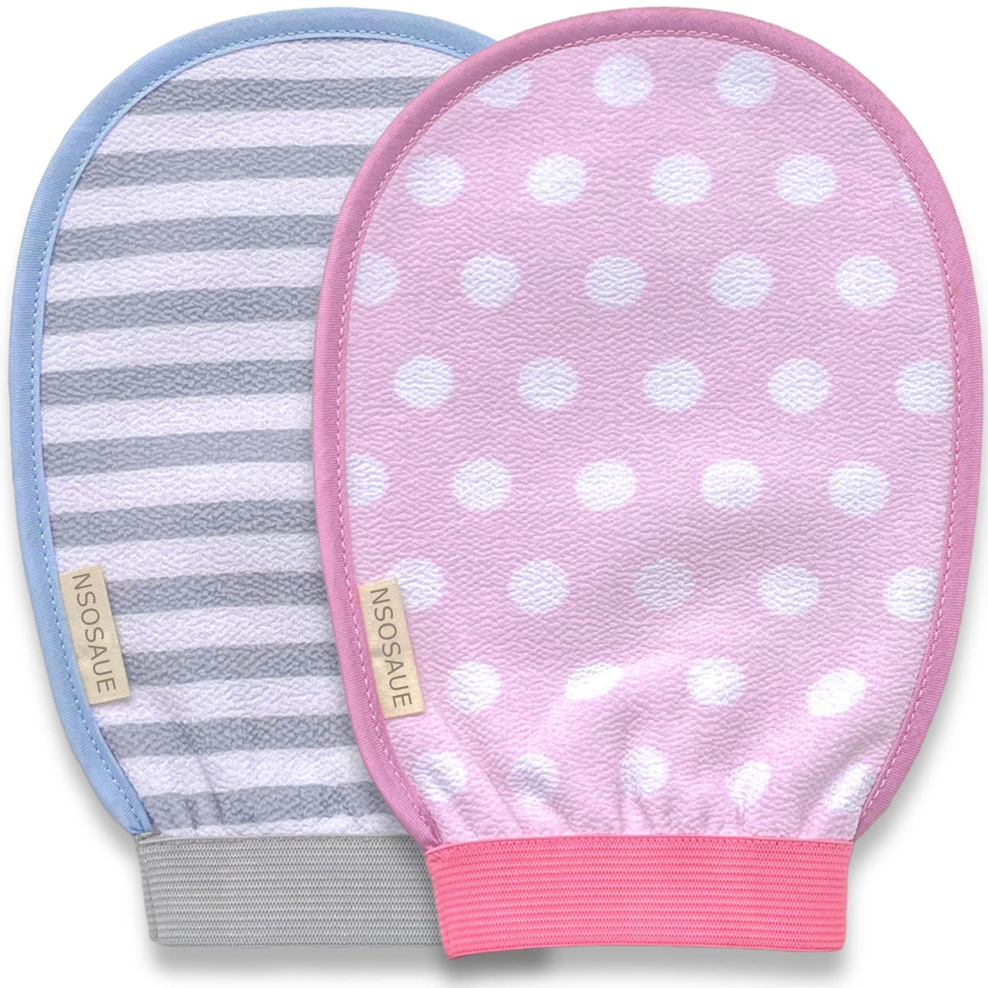 NSOSAUEExfoliating Glove Body Scrubber for Women & Men Korean Exfoliating Mitt Bath Glove Remove Dead Skin Easy Painless at Home(Pink+Grey)