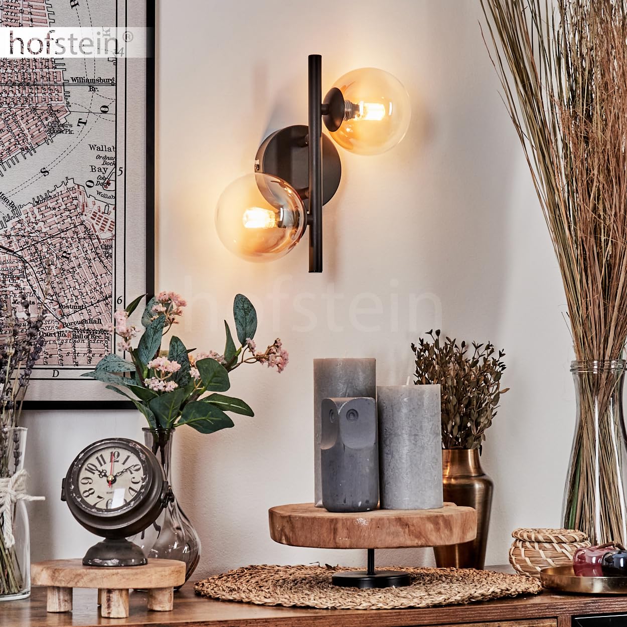 Wandleuchte Chehalis, Wandlampe aus Metall/Glas in Schwarz/Bernstein/Klar, Leuchte im modernen Retro/Vintage-Design m. Schirmen aus Glas (Ø 10cm) u. An/-Auschalter am Gehäuse, 2x G9, ohne Leuchtmittel